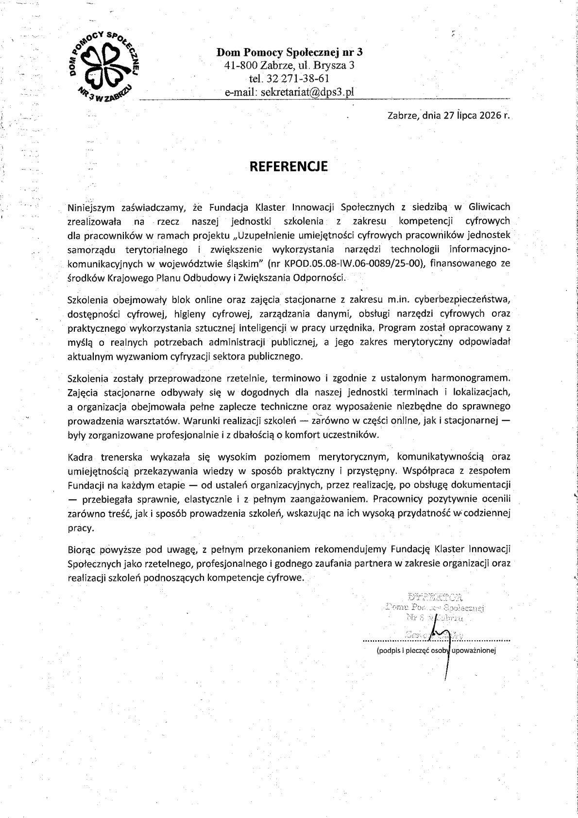 Referencja - Dom Pomocy Społecznej nr 3 w Zabrzu