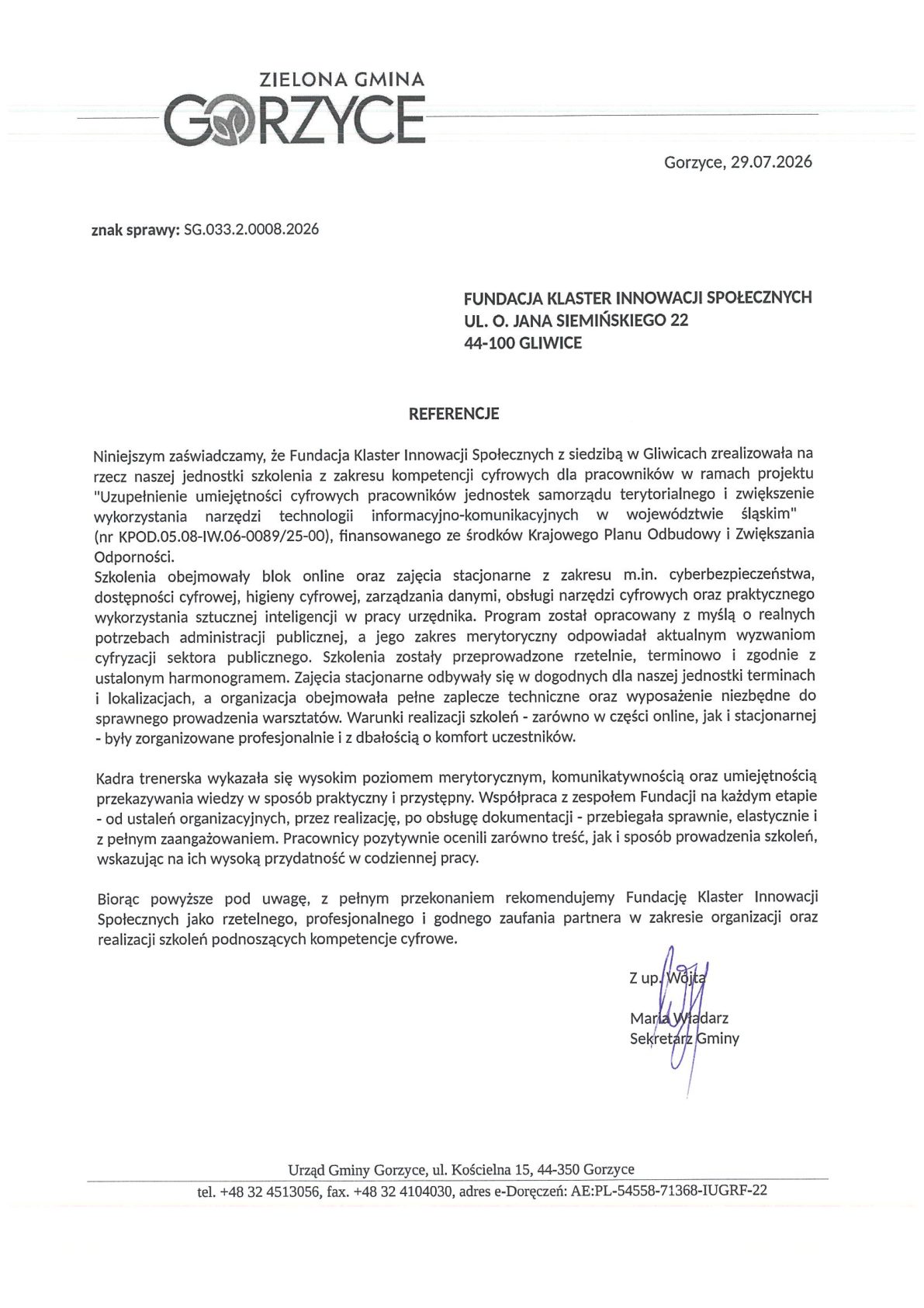 Referencja - Gmina Gorzyce