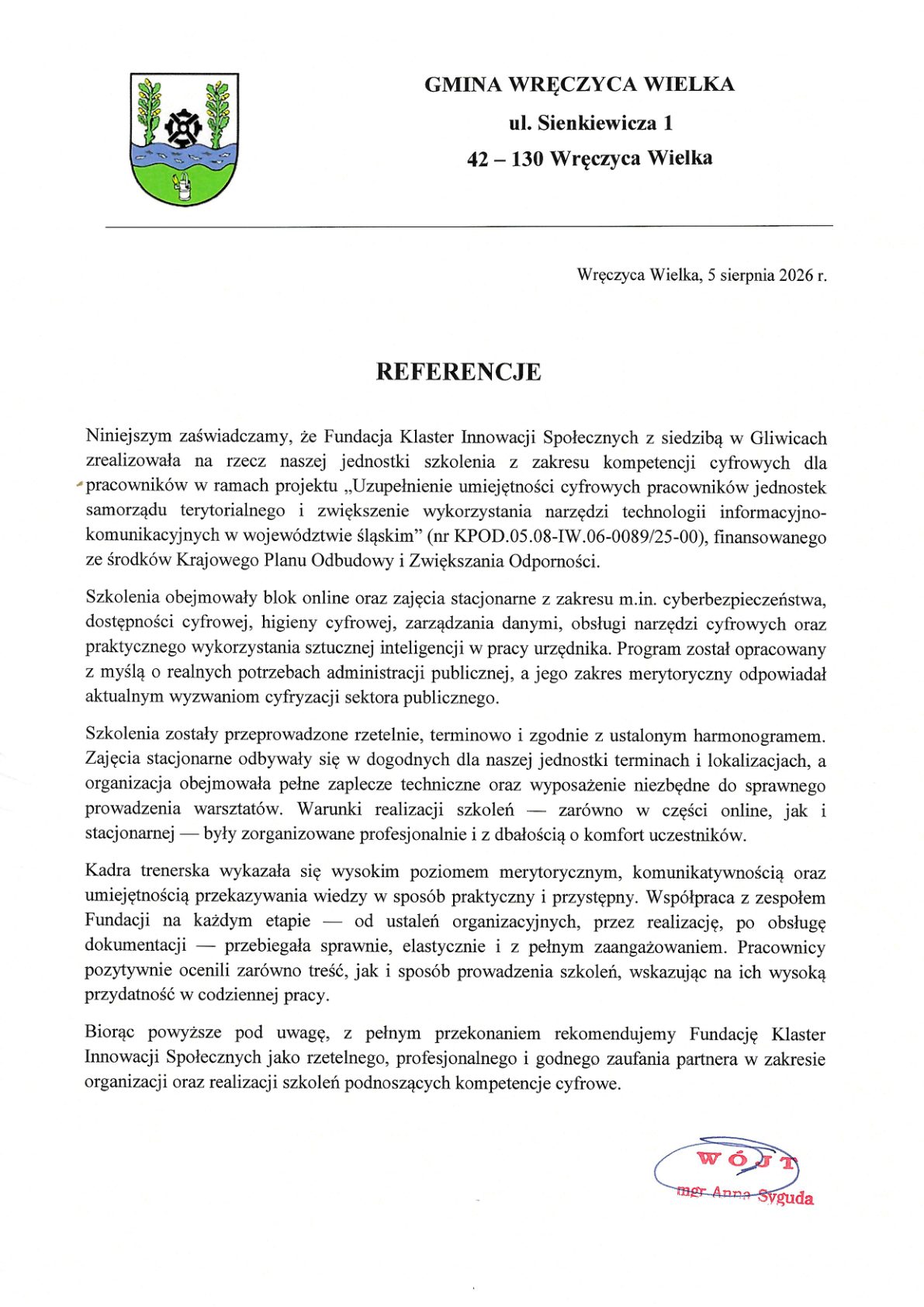 Referencja - Gmina Wręczyca Wielka