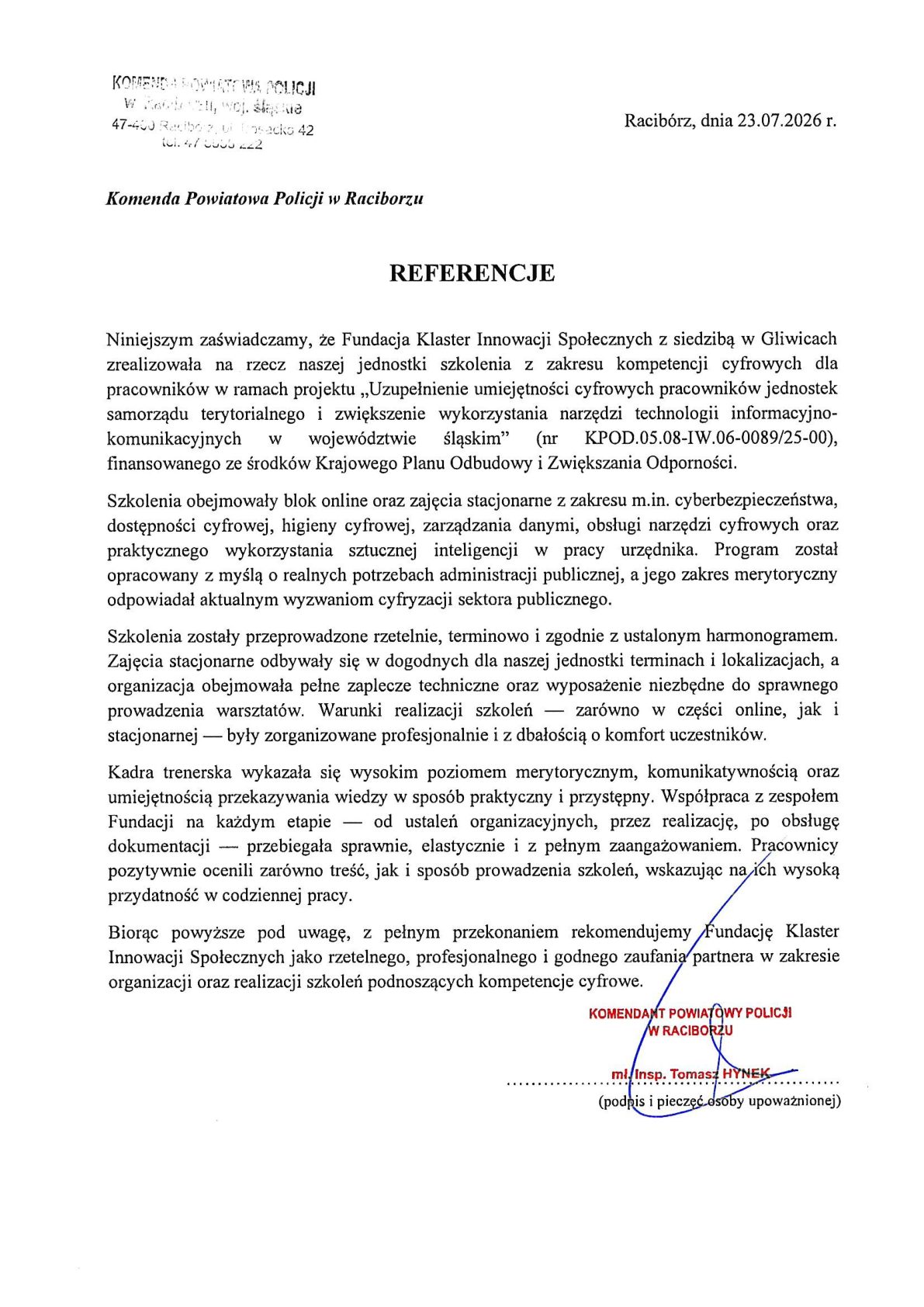 Referencja - Komenda Powiatowa Policji w Raciborzu