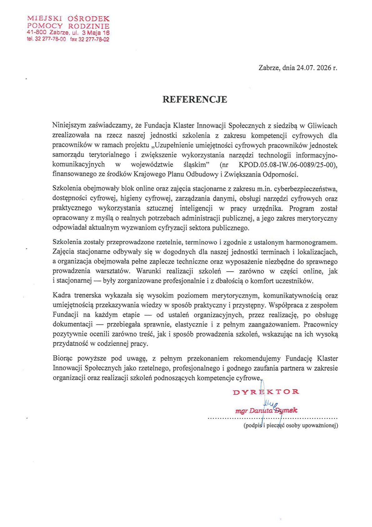 Referencja - Miejski Ośrodek Pomocy Rodzinie w Zabrzu
