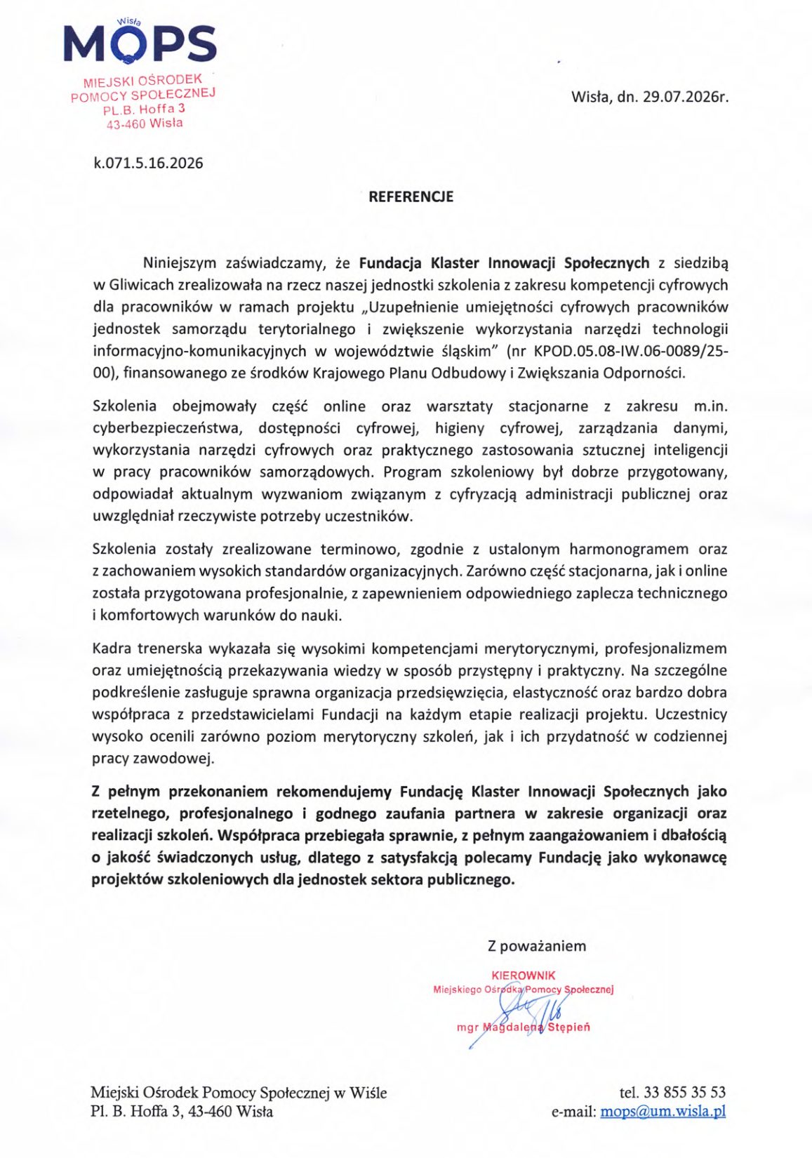 Referencja - Miejski Ośrodek Pomocy Społecznej w Wiśle