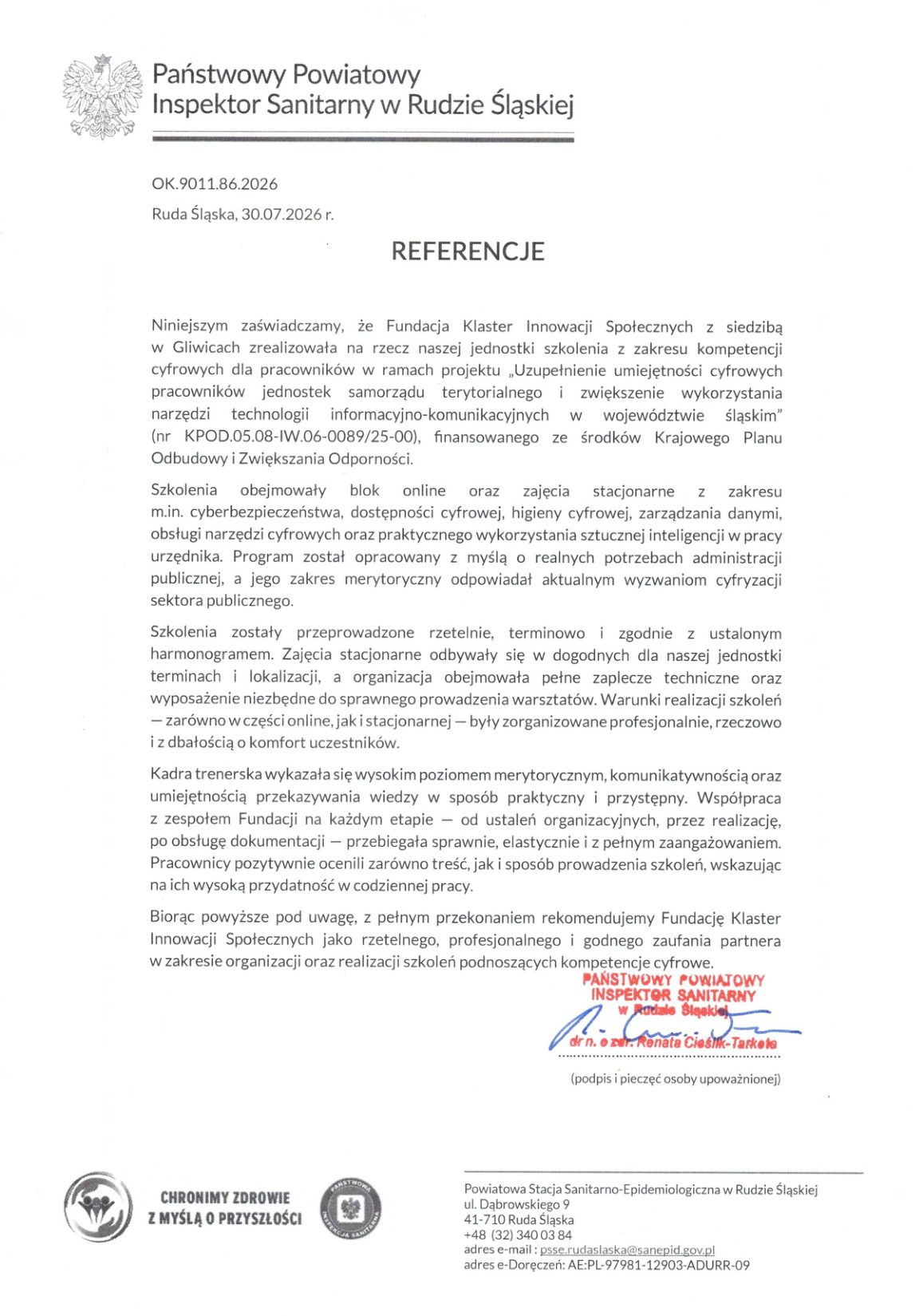 Referencja - Powiatowa Stacja Sanitarno-Epidemiologiczna w Rudzie Śląskiej