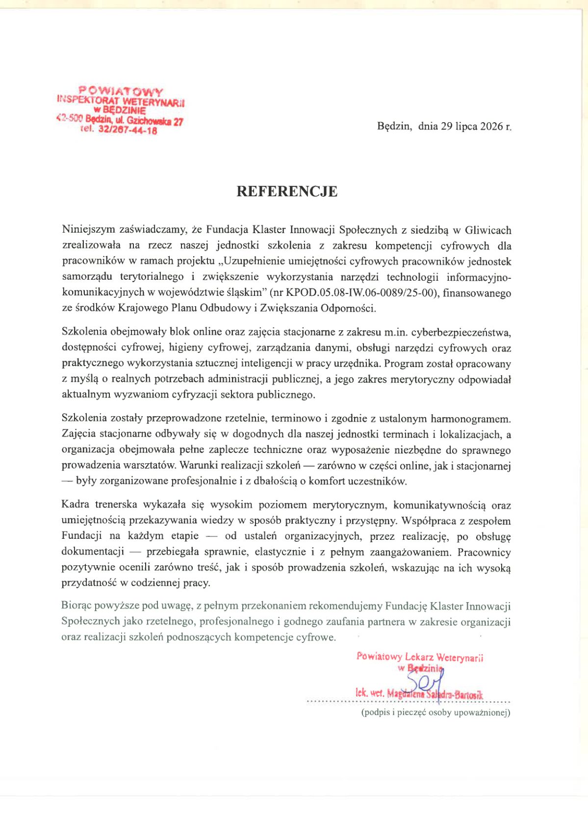 Referencja - Powiatowy Inspektorat Weterynarii w Będzinie