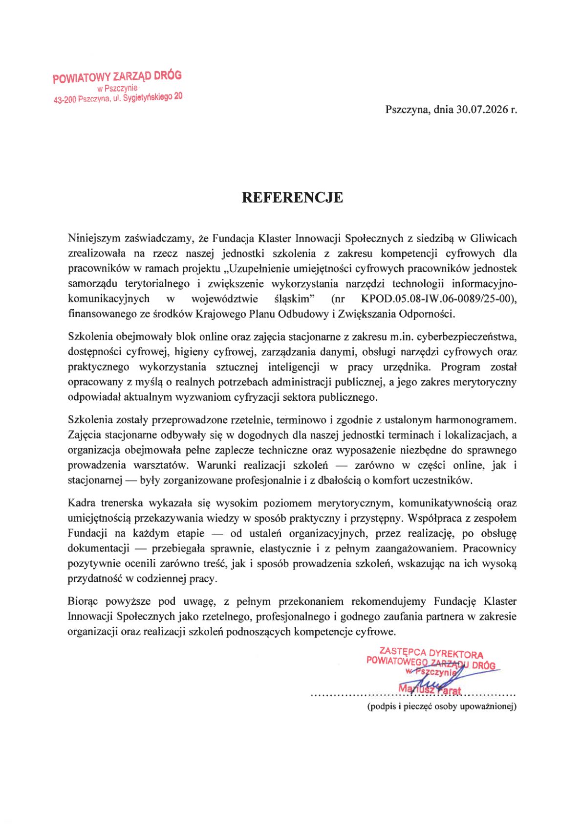 Referencja - Powiatowy Zarząd Dróg w Pszczynie