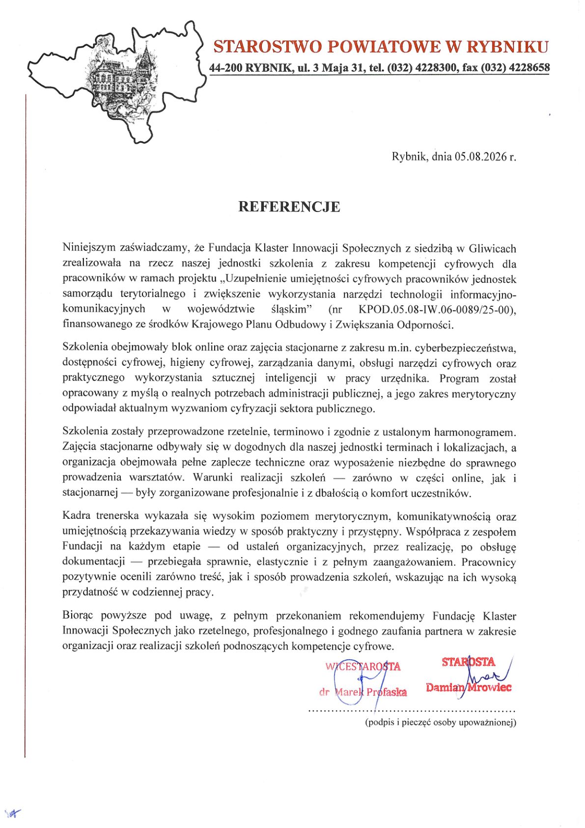 Referencja - Starostwo Powiatowe w Rybniku