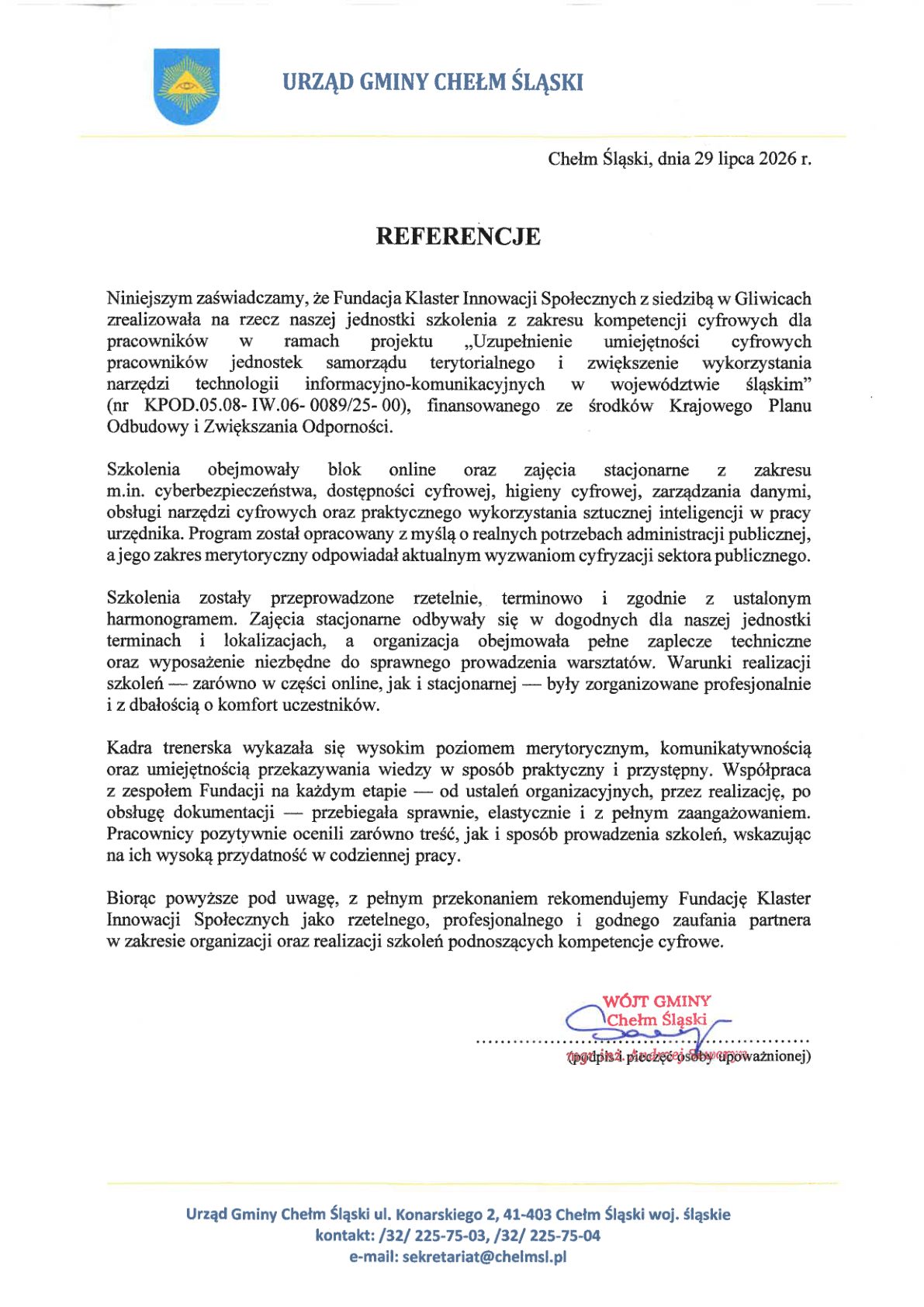 Referencja - Urząd Gminy Chełm Śląski