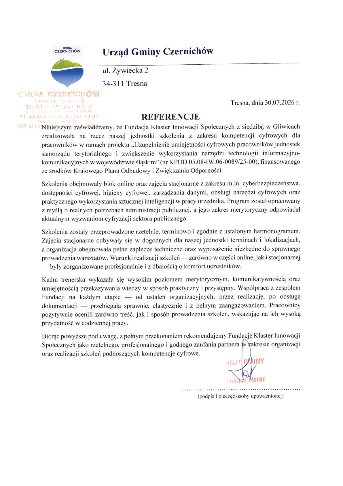 Referencja - Urząd Gminy Czernichów