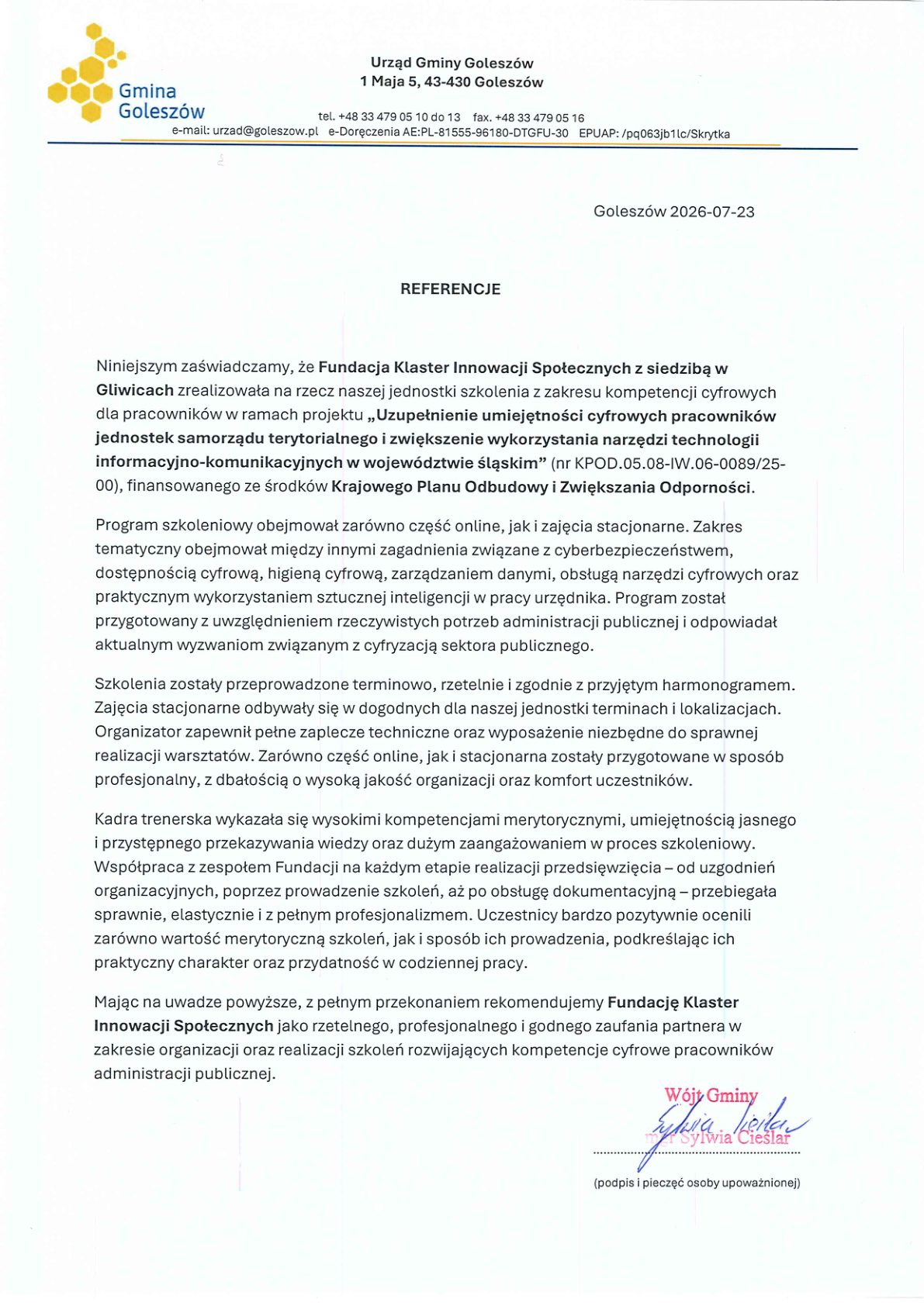Referencja - Urząd Gminy Goleszów