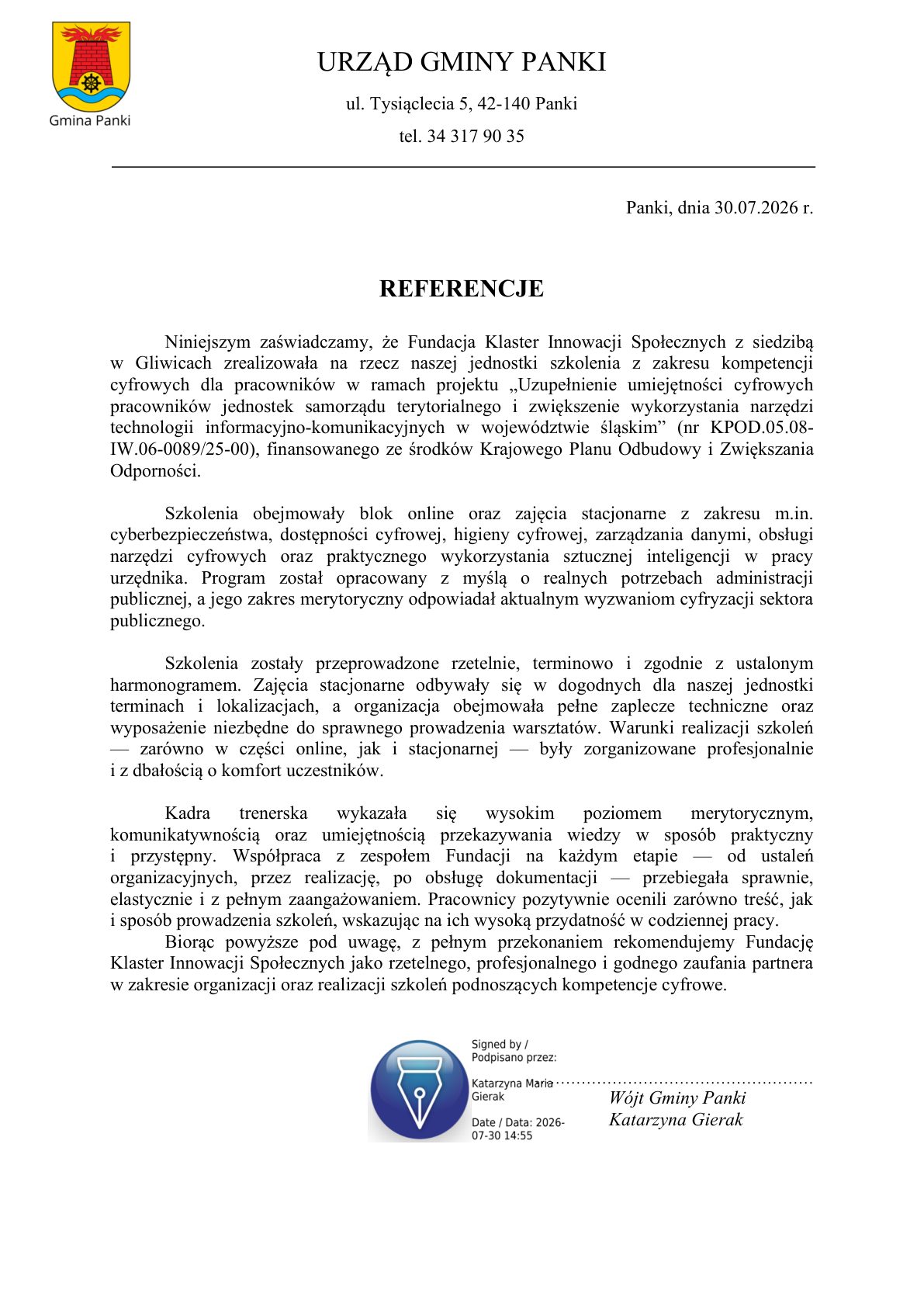 Referencja - Urząd Gminy Panki