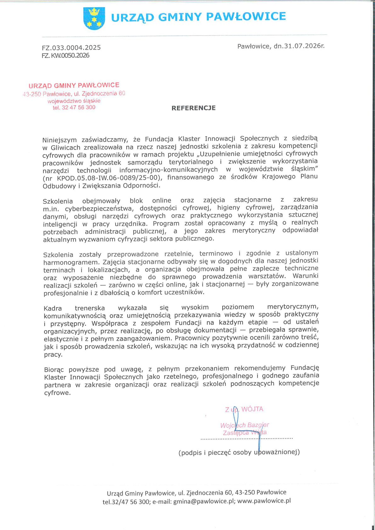 Referencja - Urząd Gminy Pawłowice