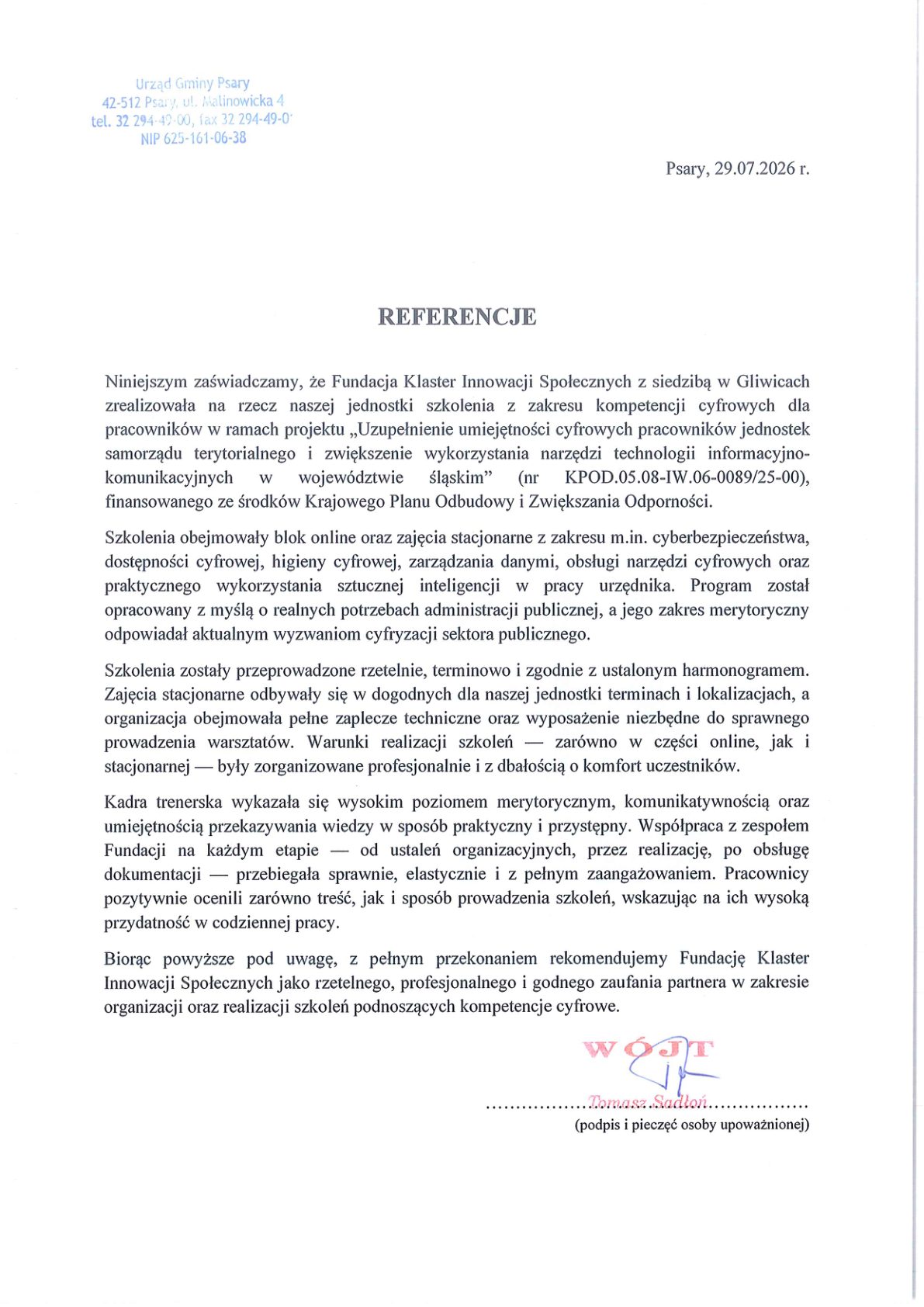Referencja - Urząd Gminy Psary