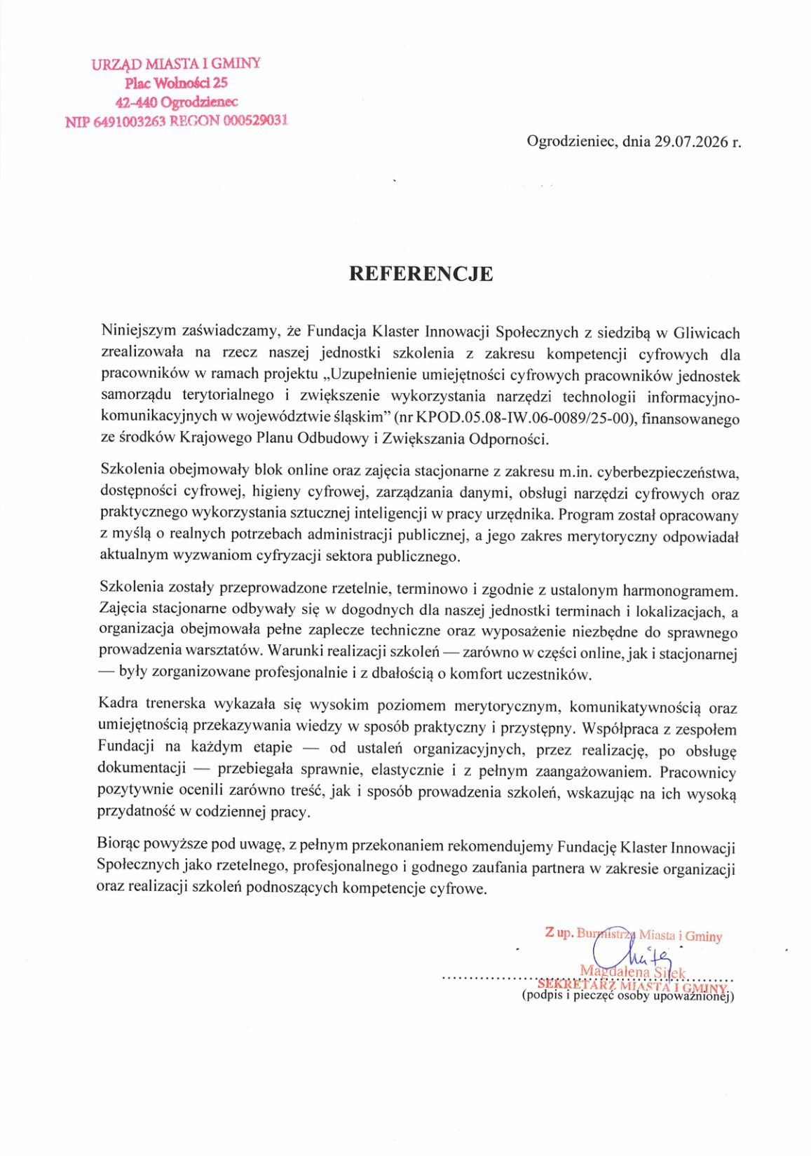 Referencja - Urząd Miasta i Gminy Ogrodzieniec