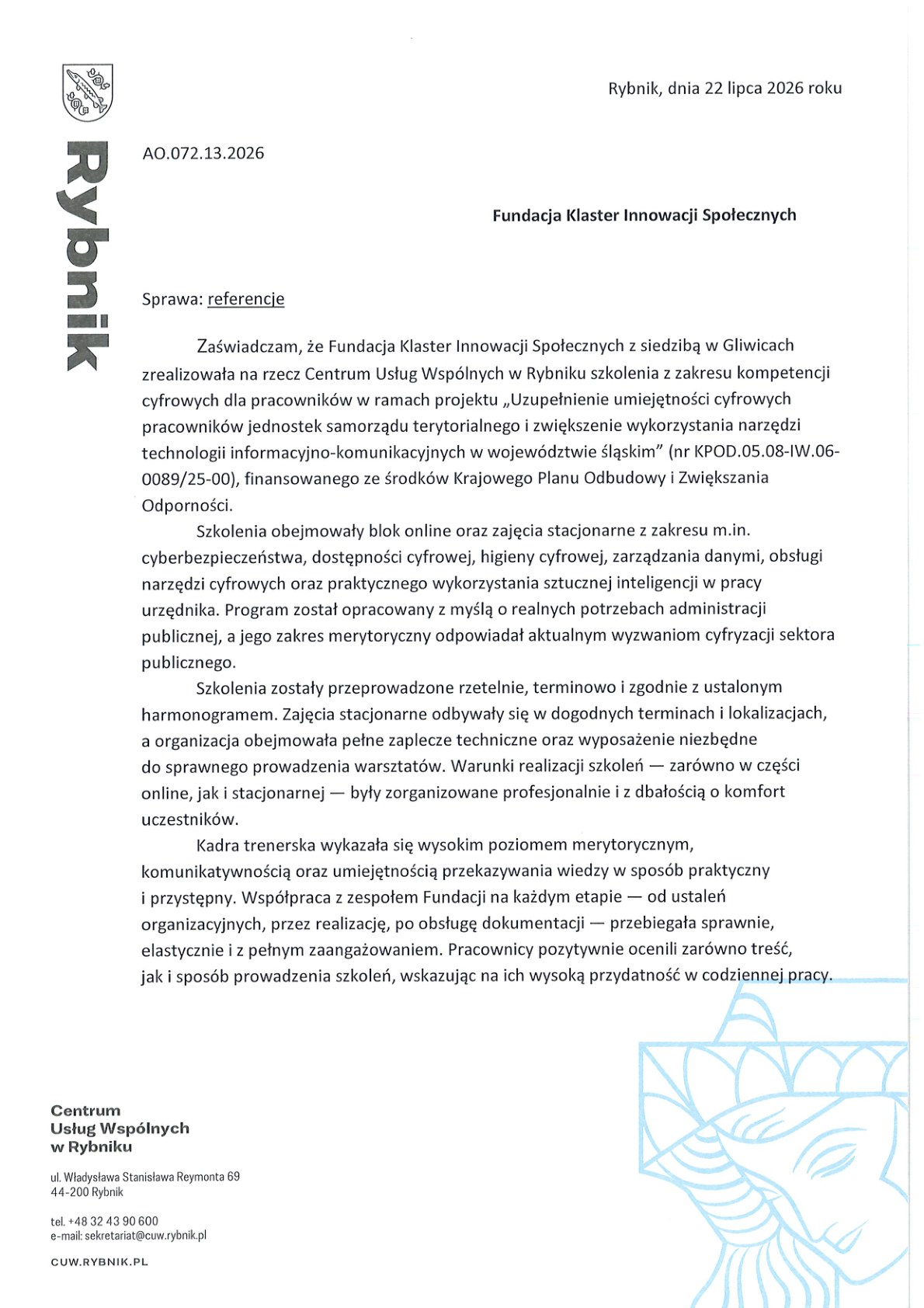 Referencja - Centrum Usług Wspólnych w Rybniku