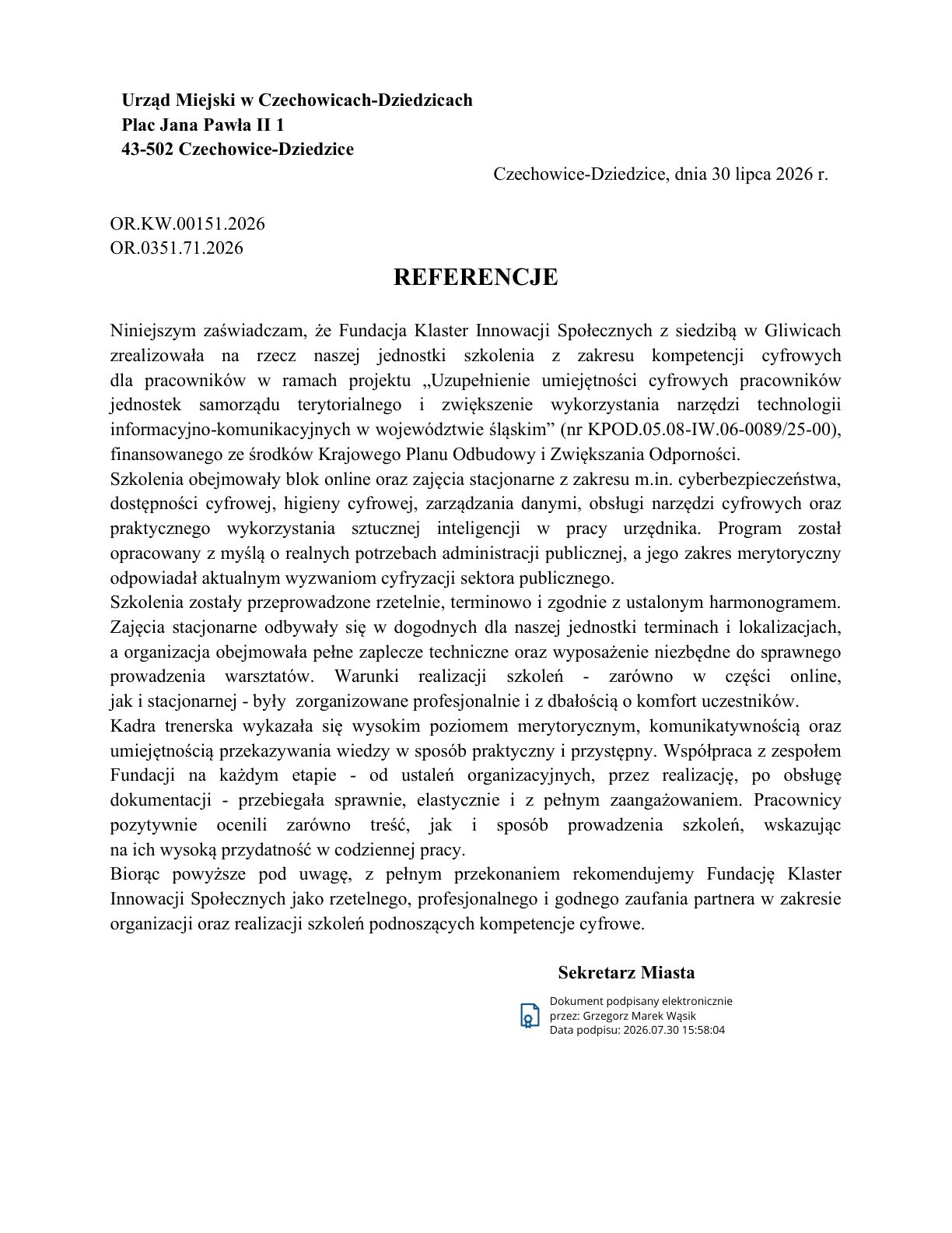 Referencja - Urząd Miejski w Czechowicach-Dziedzicach