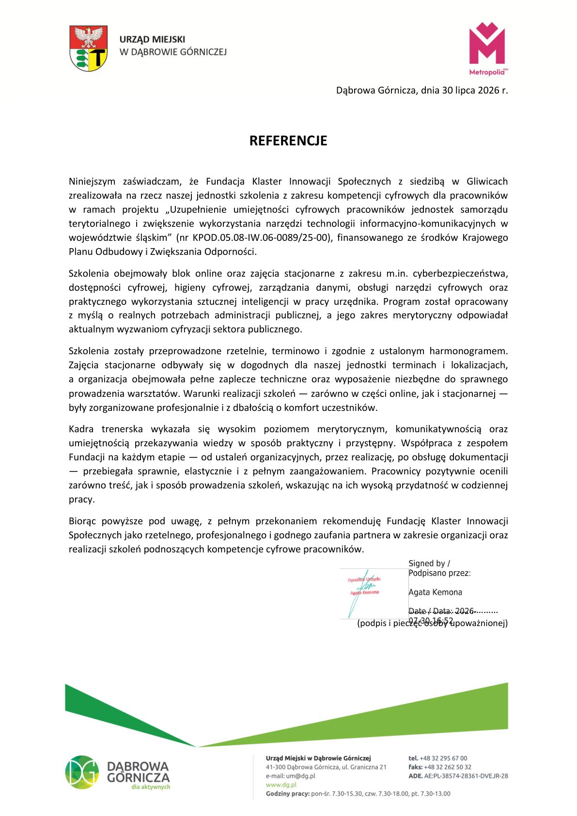 Referencja - Urząd Miejski w Dąbrowie Górniczej
