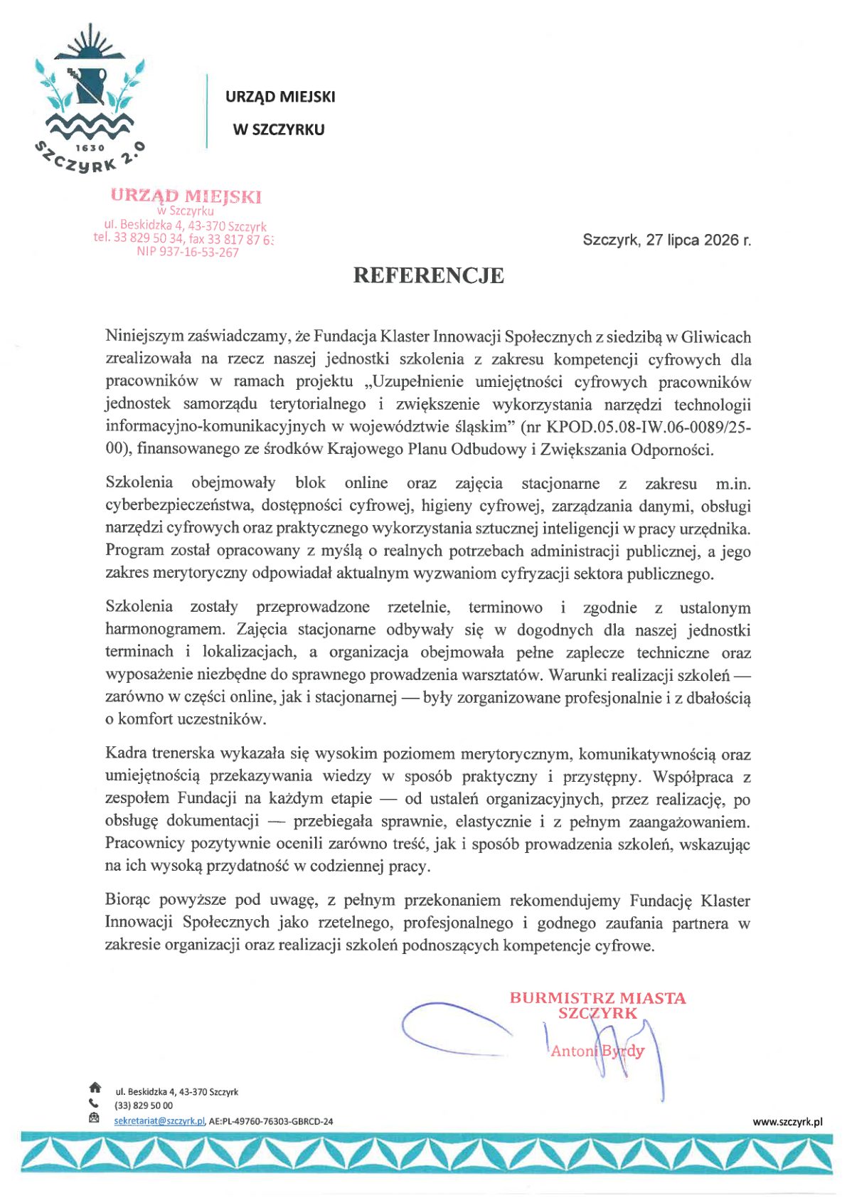Referencja - Urząd Miejski w Szczyrku