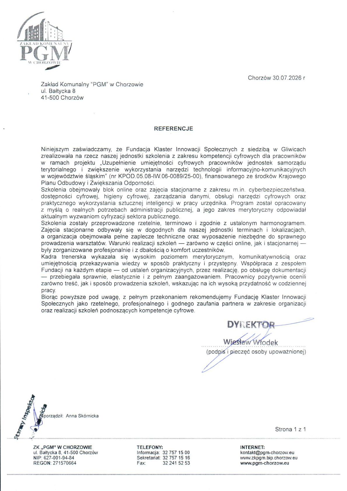 Referencja - Zakład Komunalny „PGM” w Chorzowie