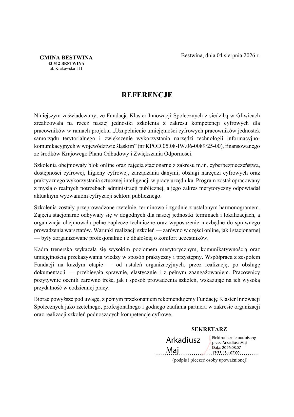 Referencja - Gmina Bestwina