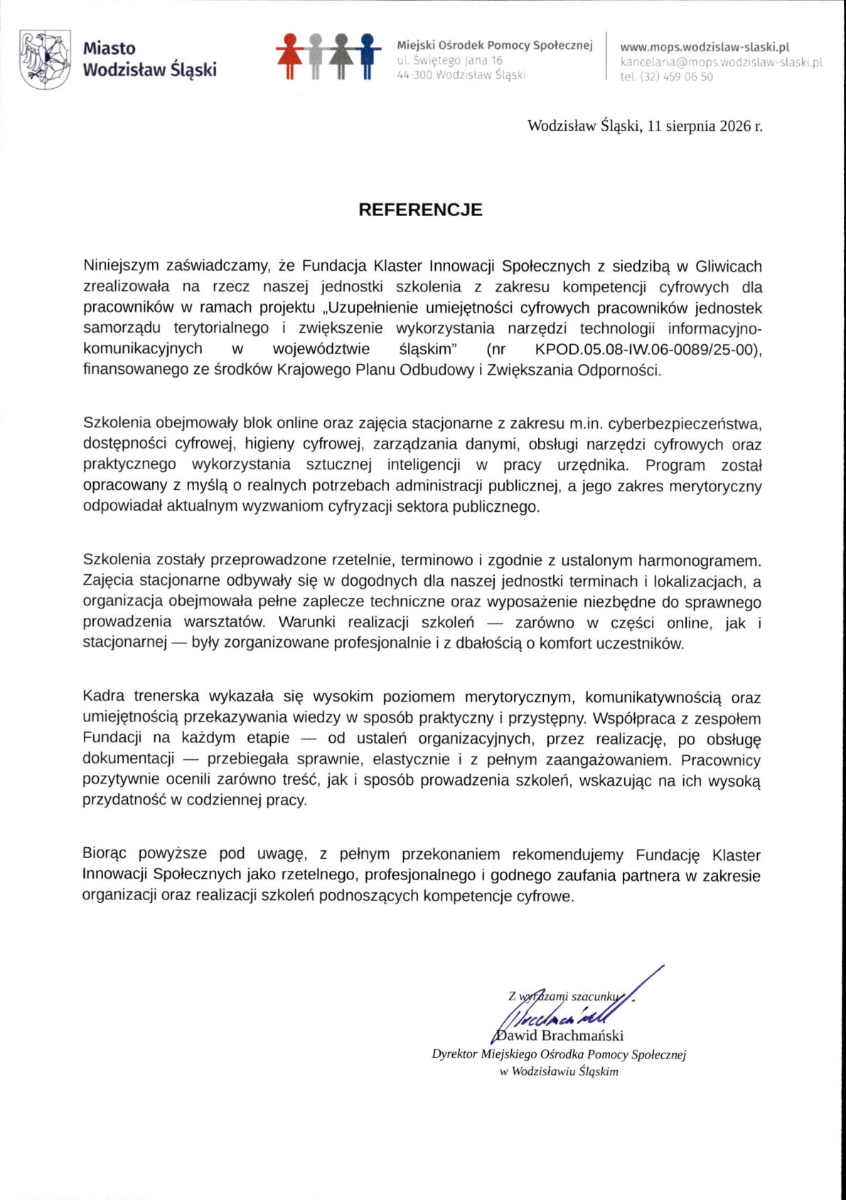 Referencja - Miejski Ośrodek Pomocy Społecznej w Wodzisławiu Śląskim