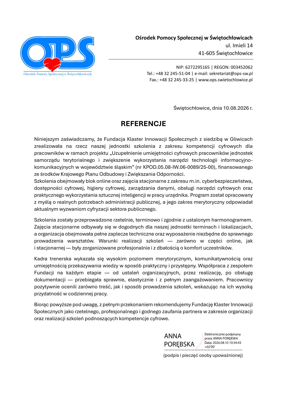 Referencja - Ośrodek Pomocy Społecznej w Świętochłowicach
