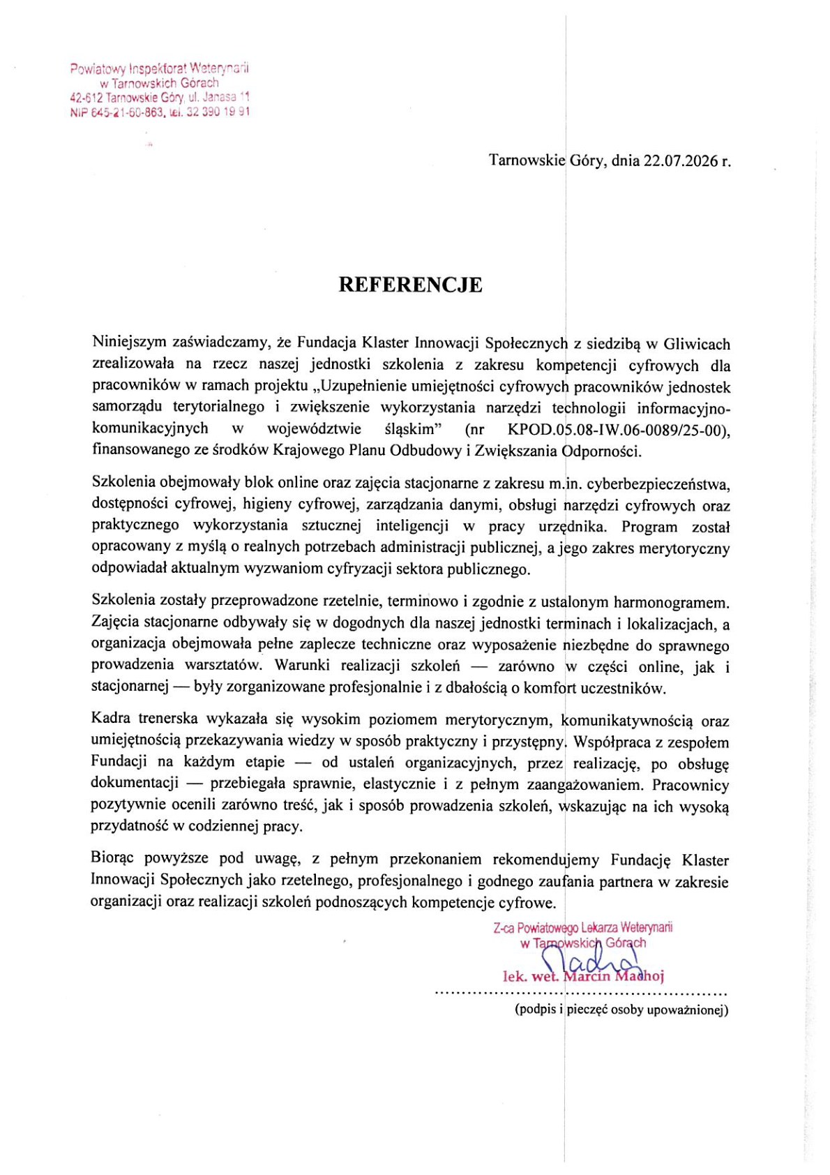 Referencja - Powiatowy Inspektorat Weterynarii w Tarnowskich Górach