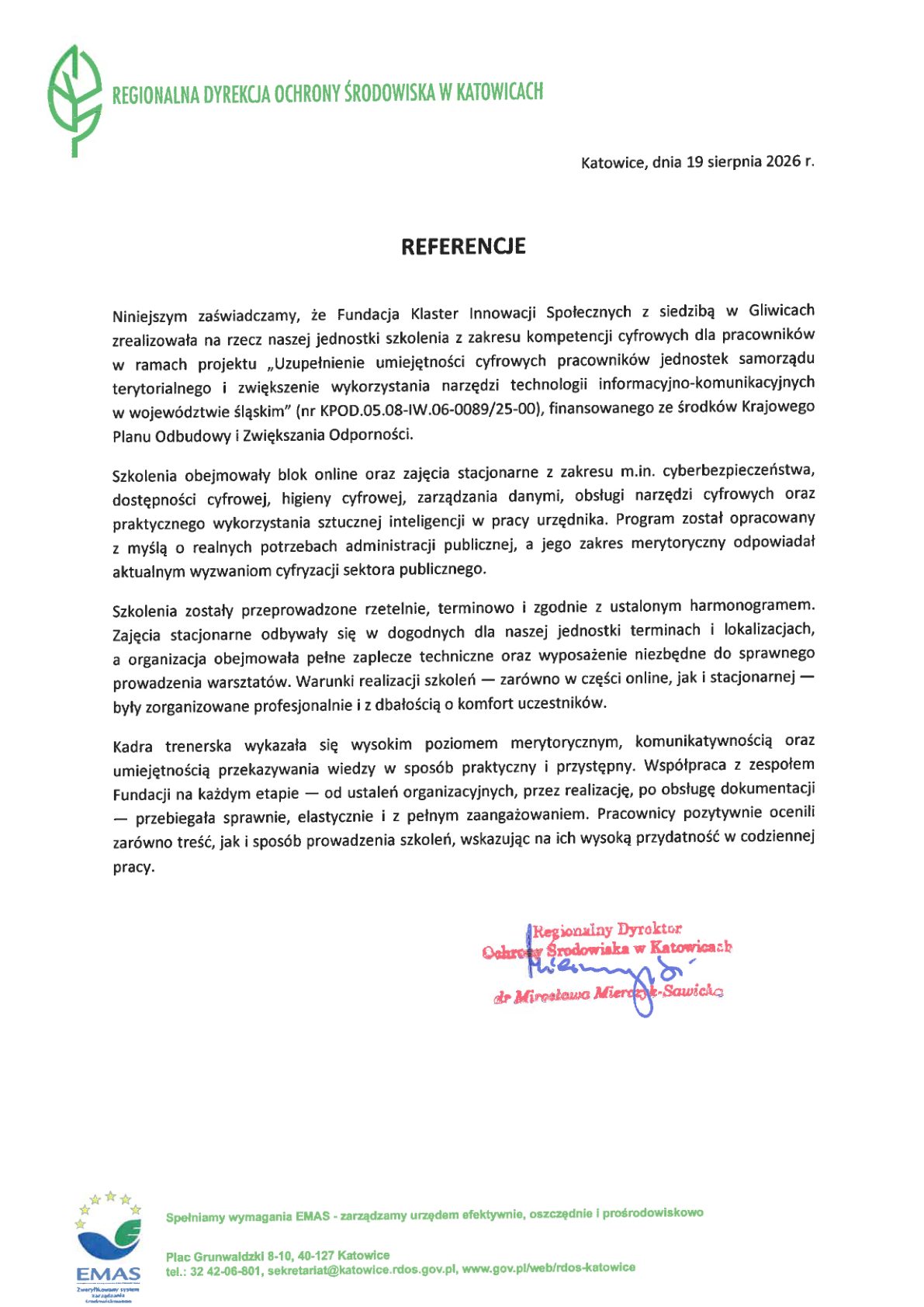 Referencja - Regionalna Dyrekcja Ochrony Środowiska w Katowicach