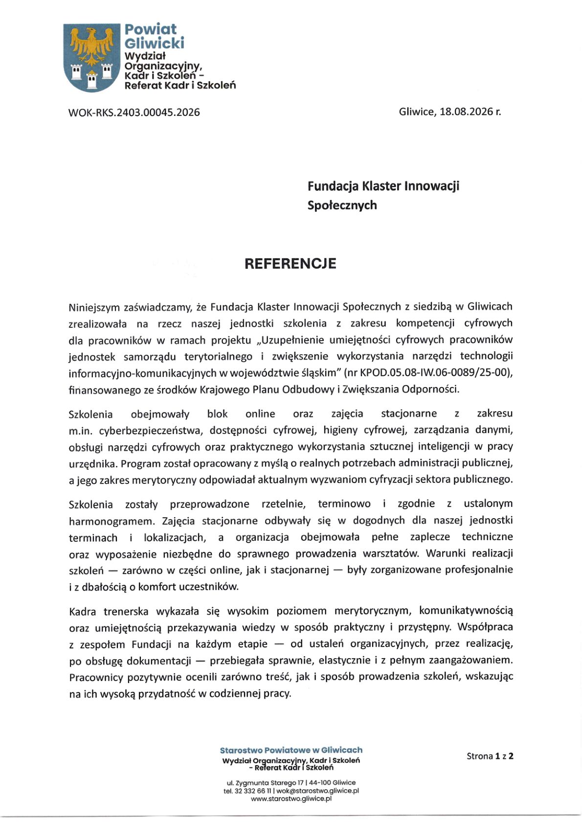 Referencja - Starostwo Powiatowe w Gliwicach