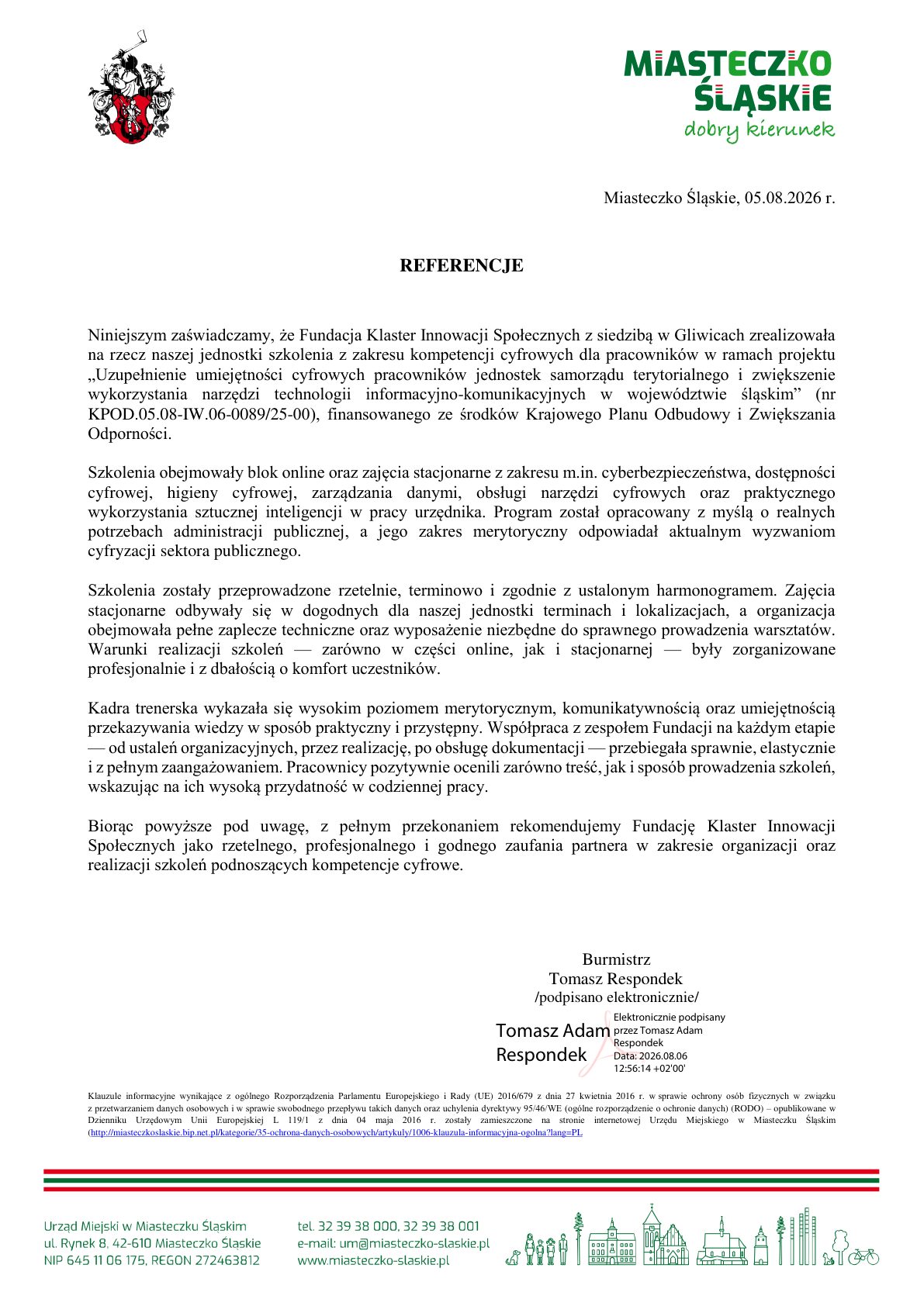 Referencja - Urząd Miejski w Miasteczku Śląskim