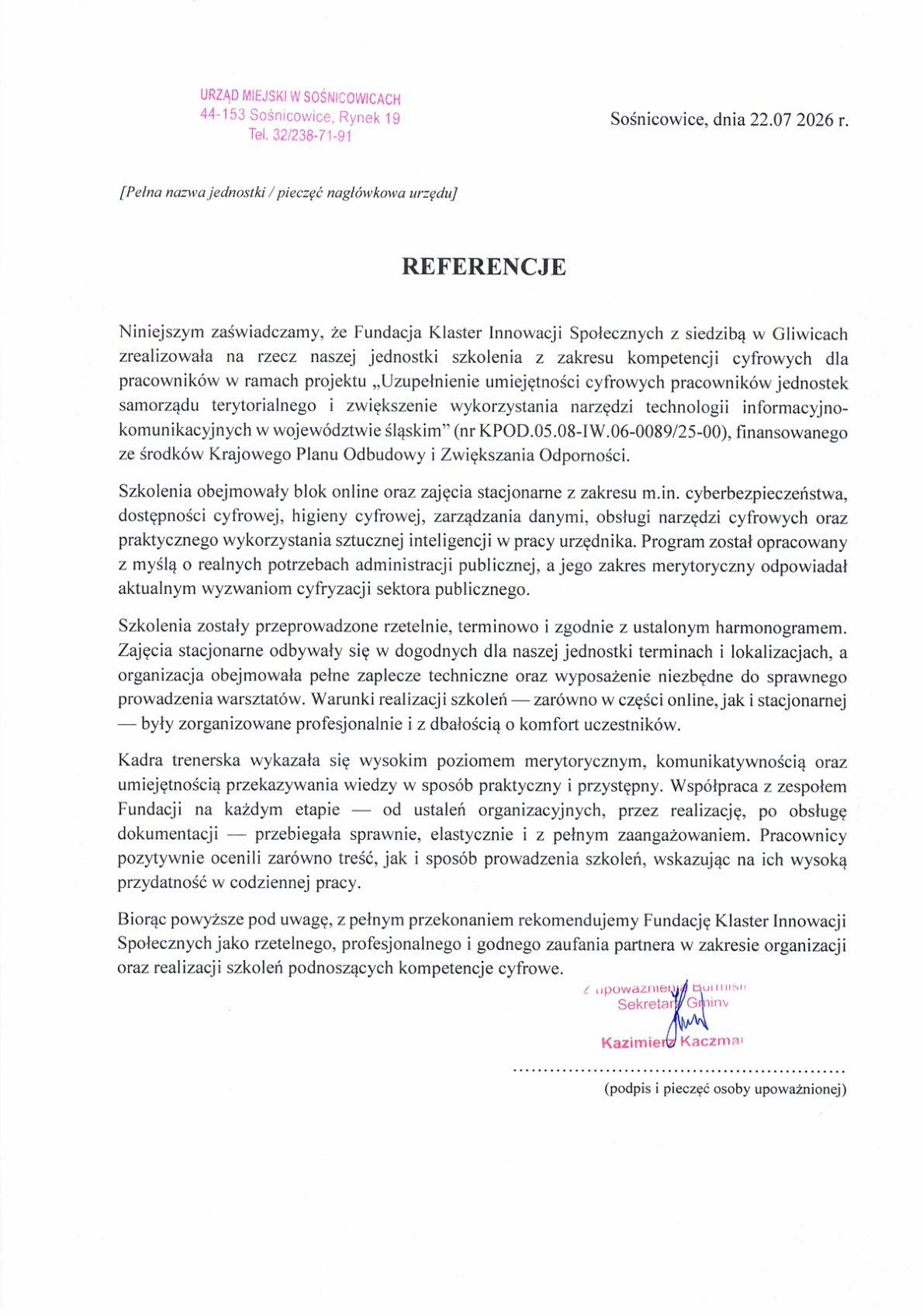 Referencja - Gmina Sośnicowice