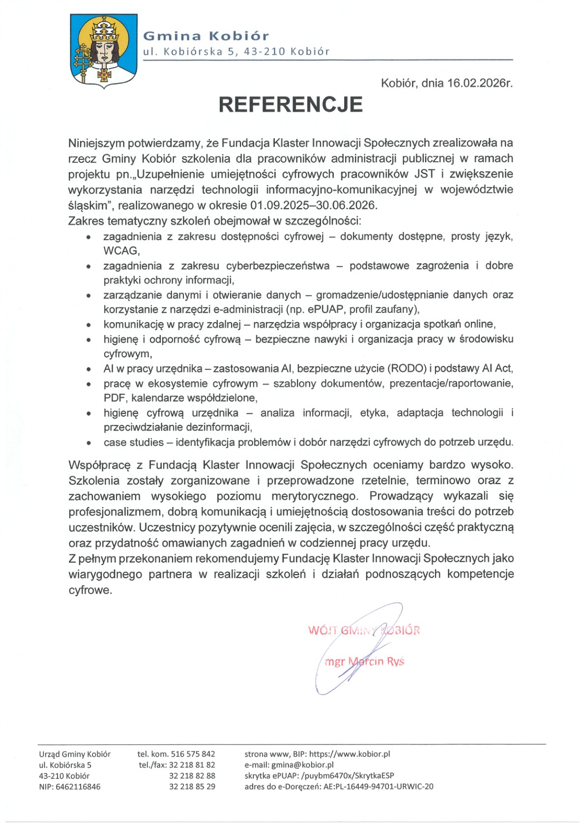 Referencja - Gmina Kobiór