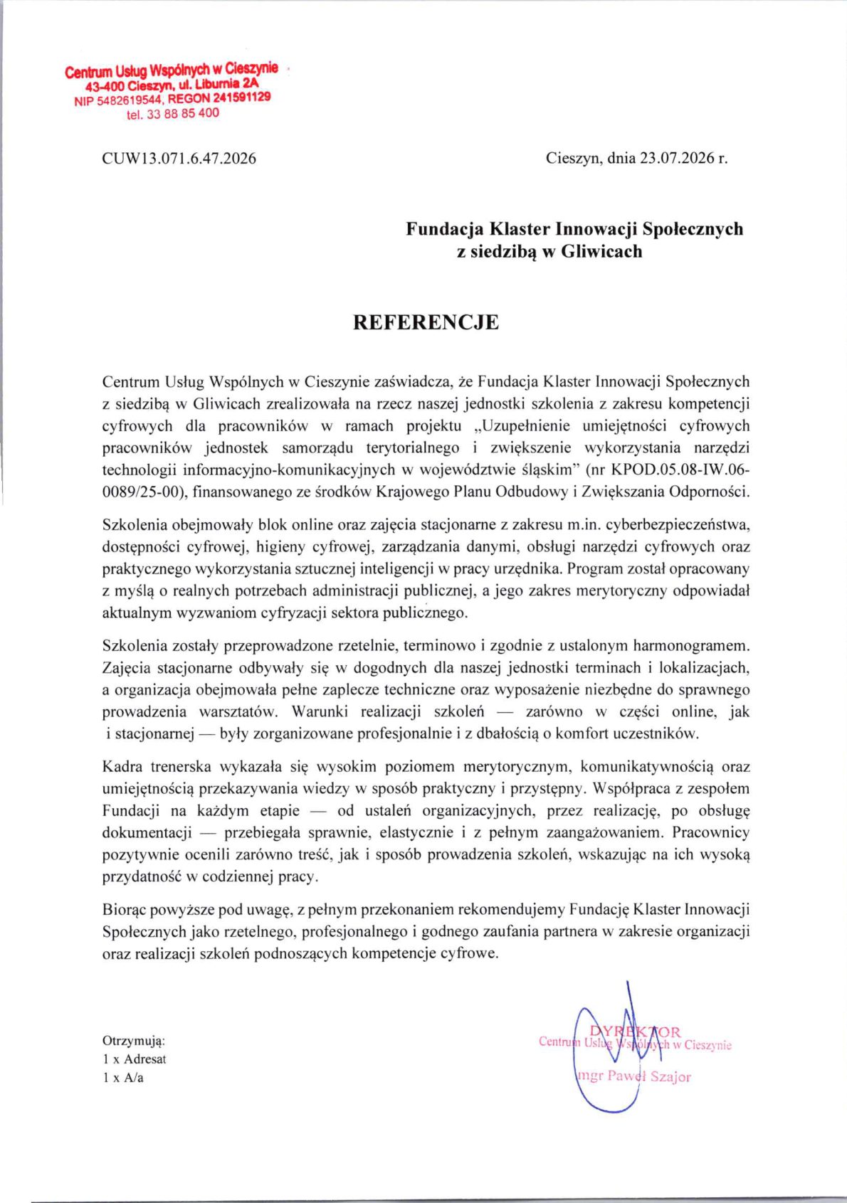 Referencja - Centrum Usług Wspólnych w Cieszynie
