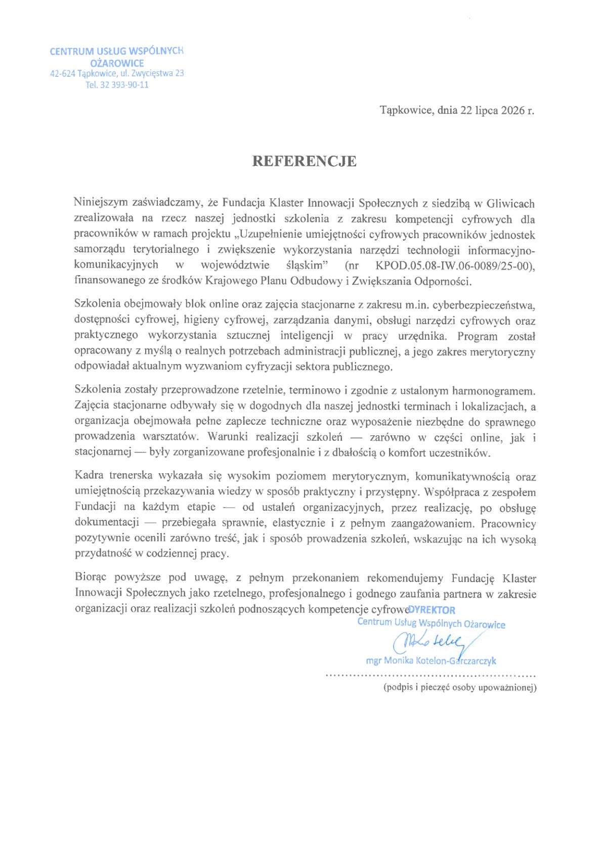 Referencja - Centrum Usług Wspólnych w Ożarowicach