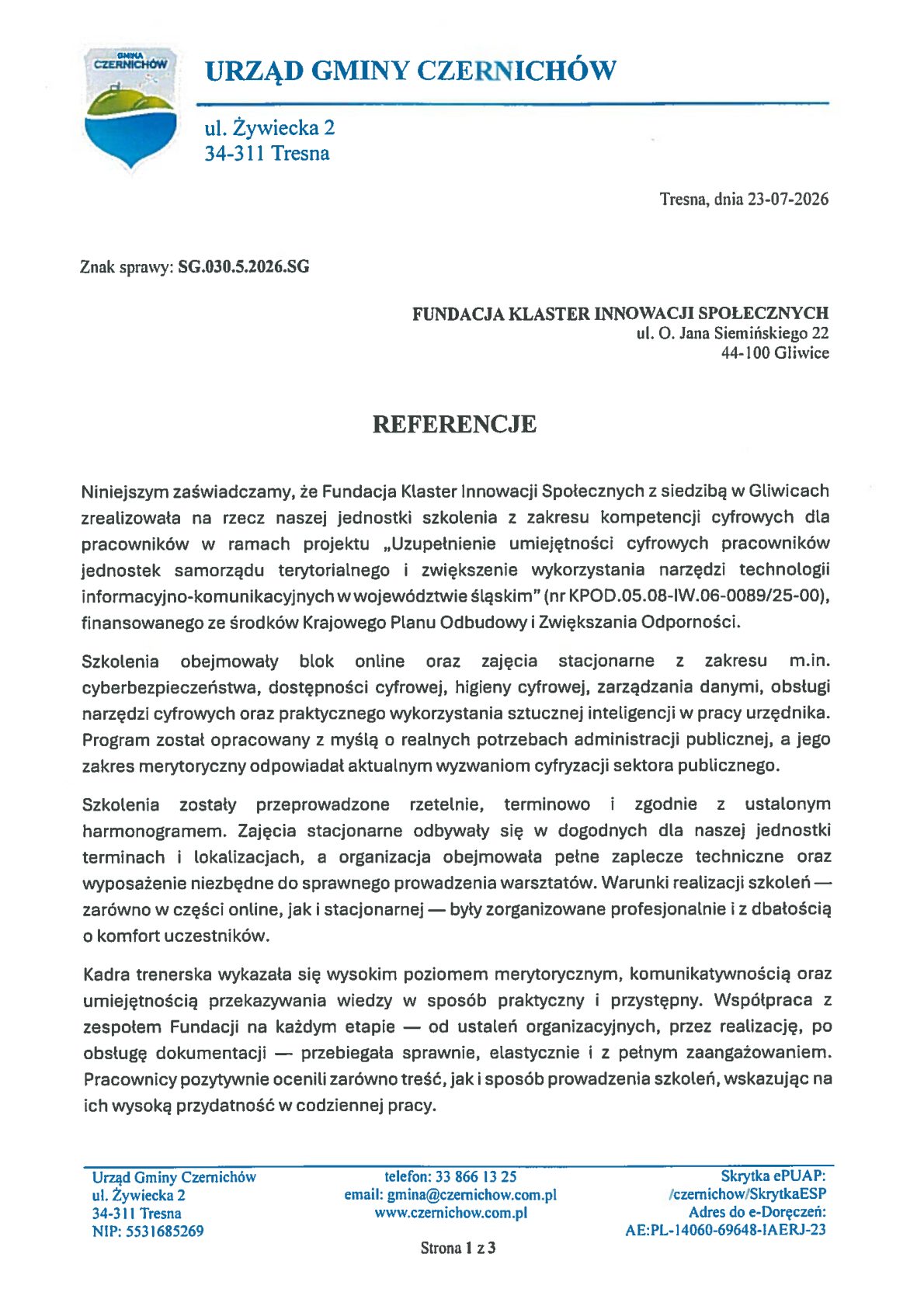 Referencja - Gmina Czernichów