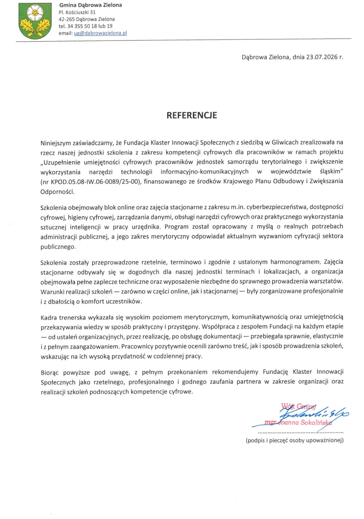 Referencja - Gmina Dąbrowa Zielona