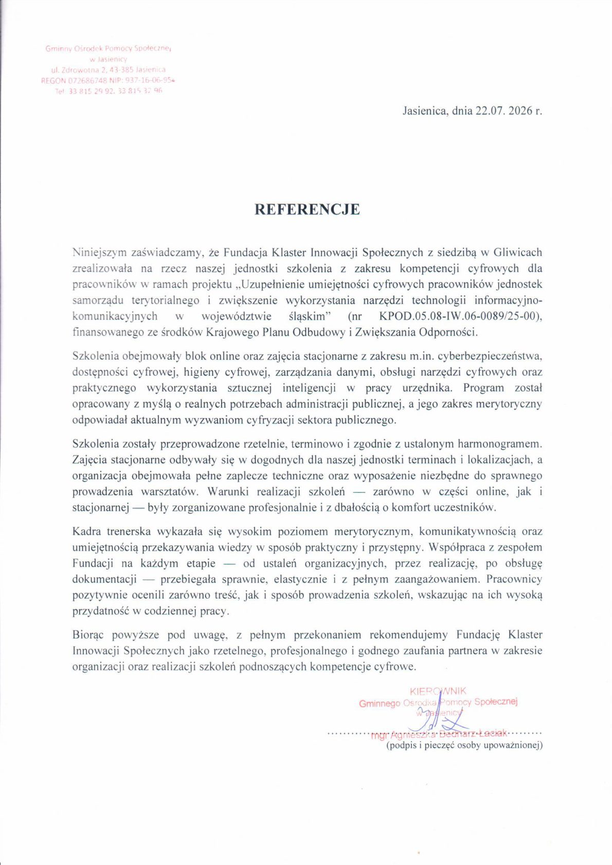 Referencja - Gminny Ośrodek Pomocy Społecznej w Jasienicy