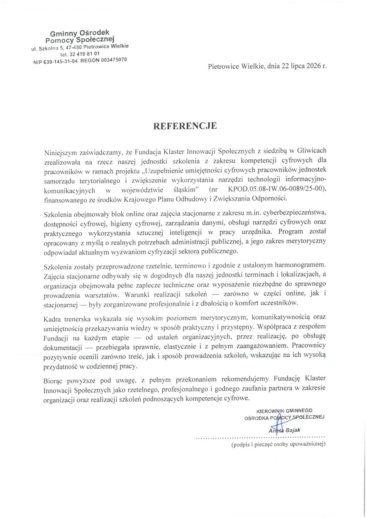 Referencja - Gminny Ośrodek Pomocy Społecznej w Pietrowicach Wielkich