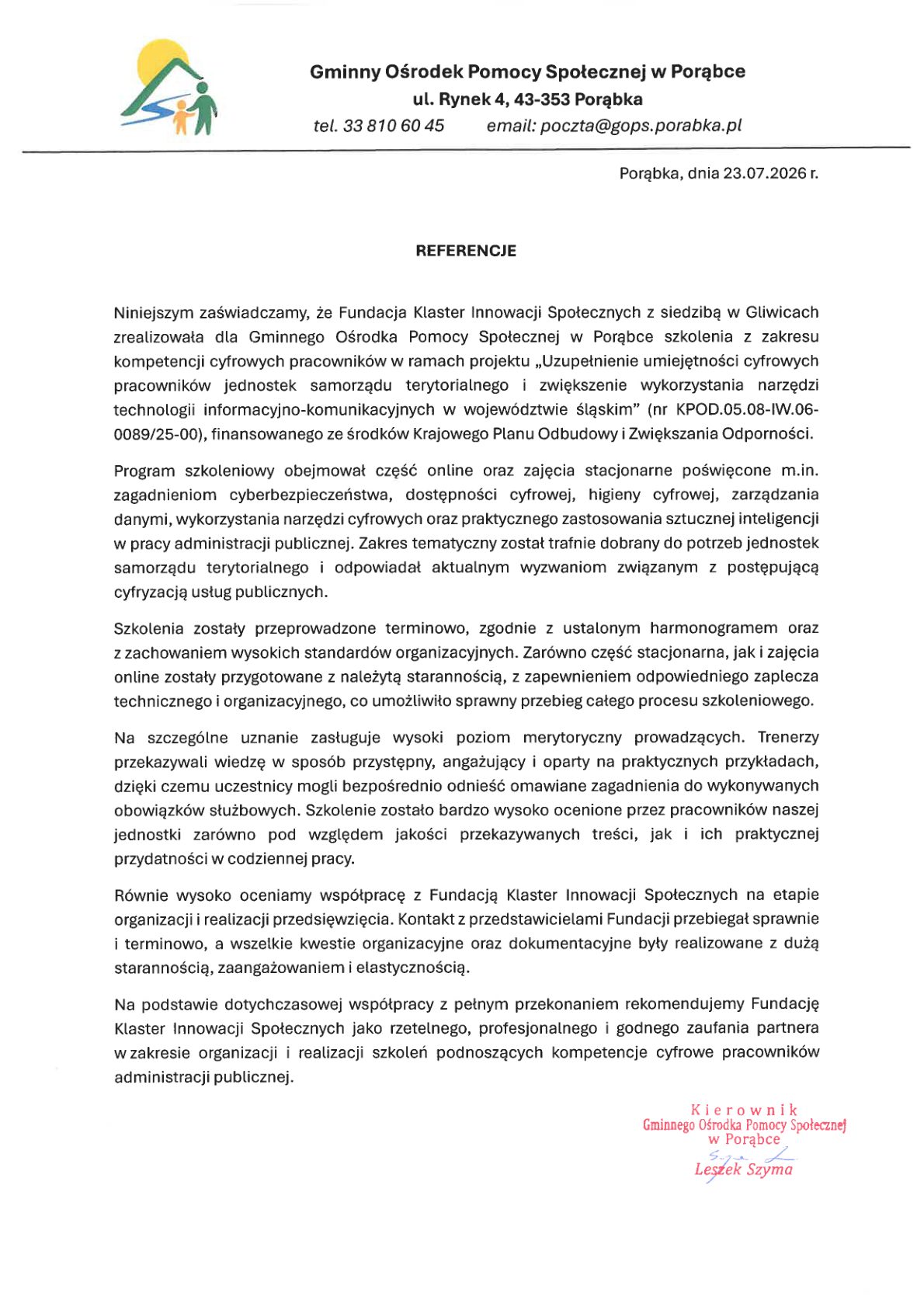 Referencja - Gminny Ośrodek Pomocy Społecznej w Porąbce