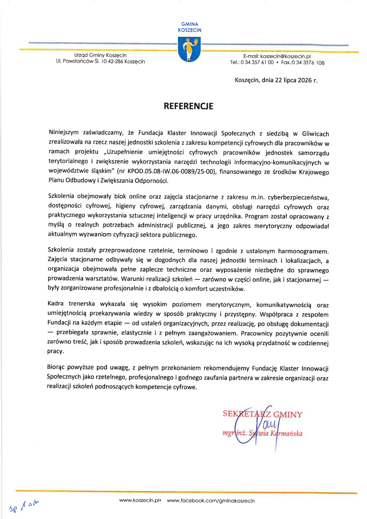 Referencja - Gmina Koszęcin