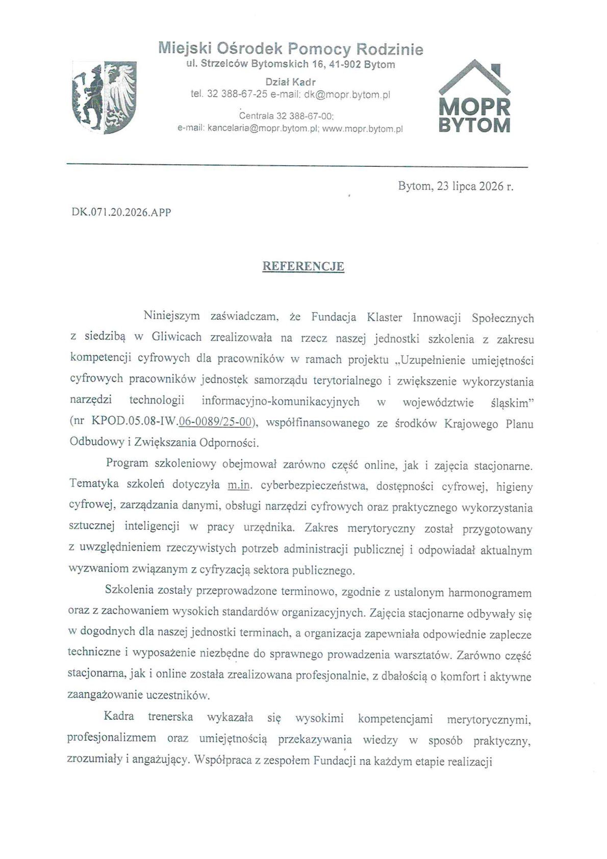 Referencja - Miejski Ośrodek Pomocy Rodzinie w Bytomiu
