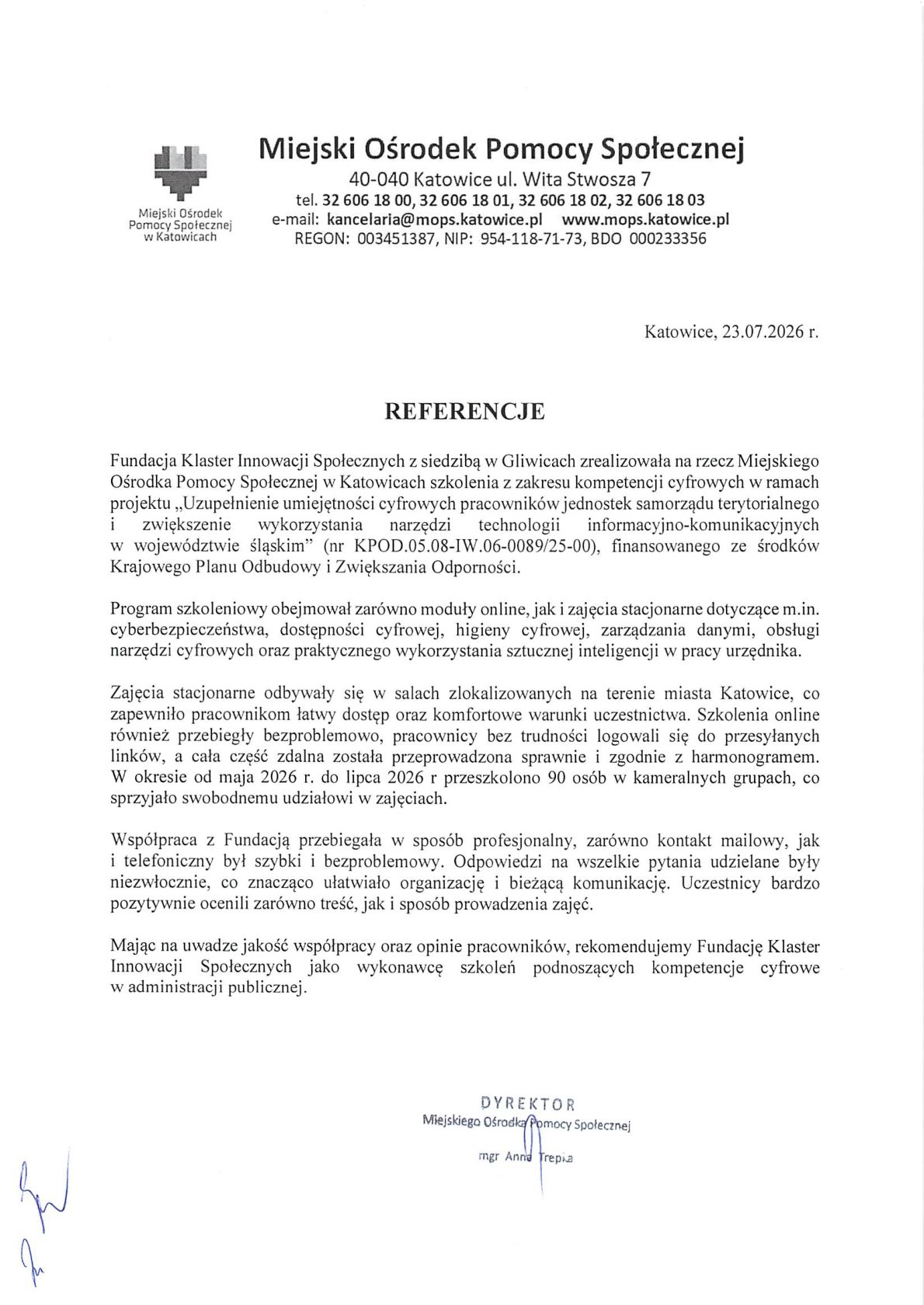 Referencja - Miejski Ośrodek Pomocy Społecznej w Katowicach