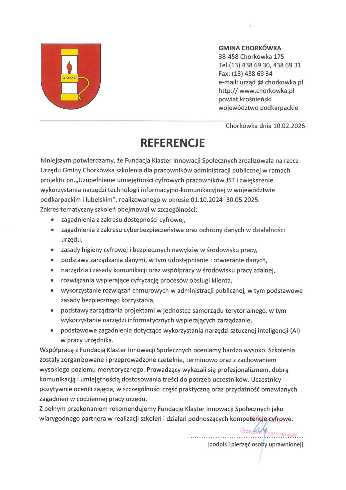 Referencja - Gmina Chorkówka