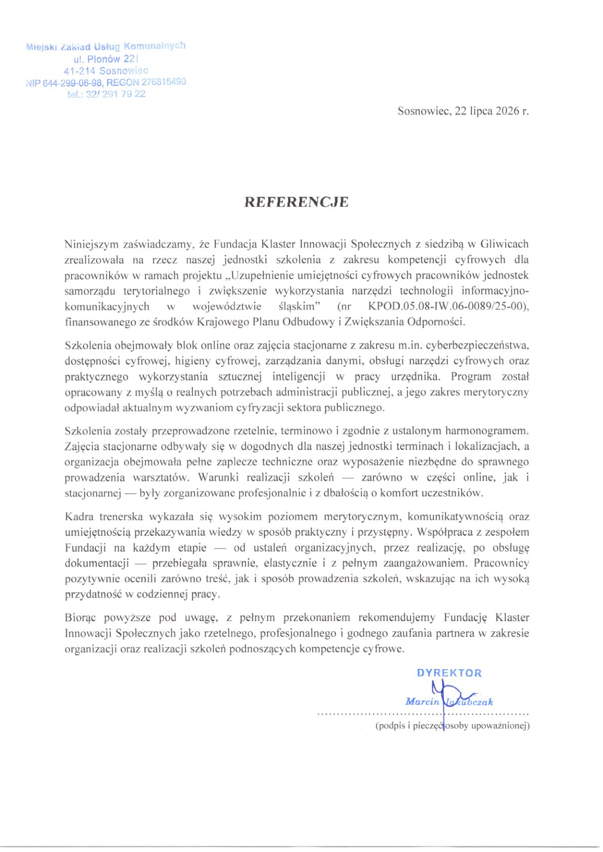 Referencja - Miejski Zakład Usług Komunalnych w Sosnowcu