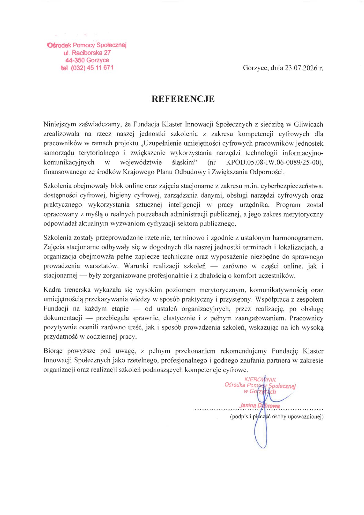 Referencja - Ośrodek Pomocy Społecznej w Gorzycach
