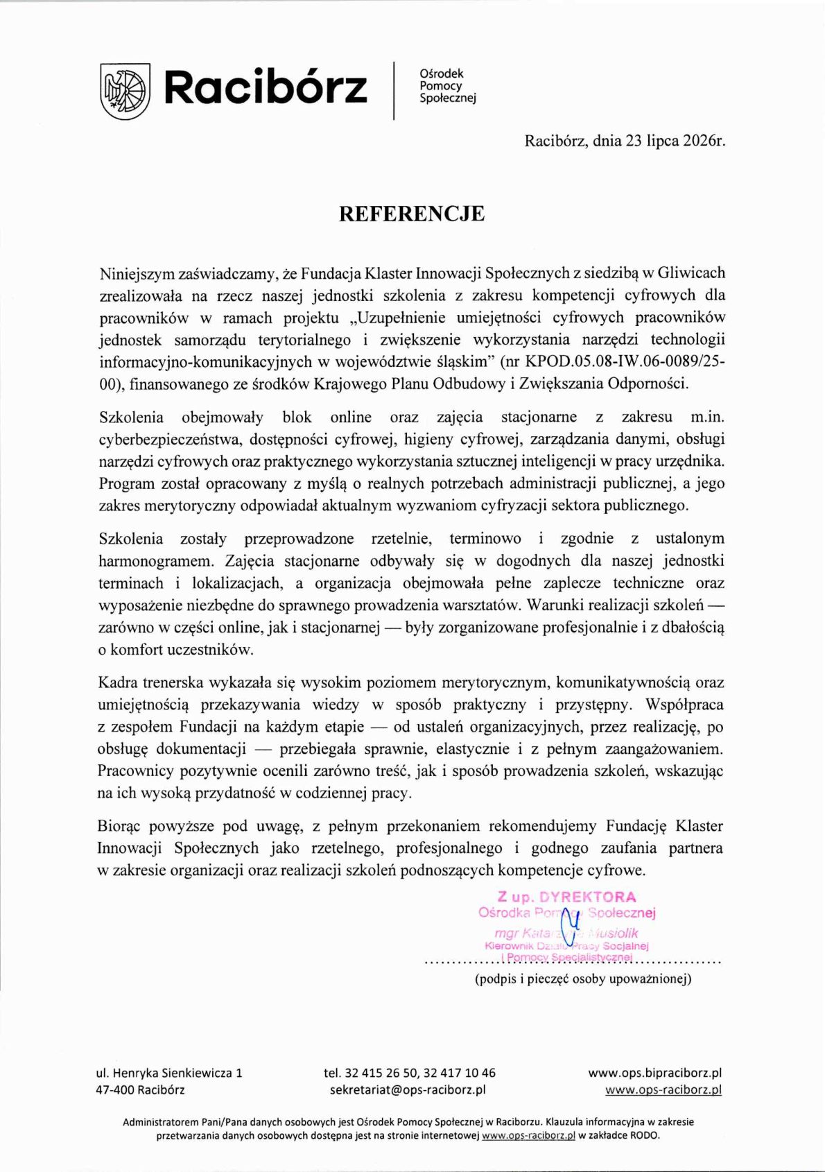 Referencja - Ośrodek Pomocy Społecznej w Raciborzu