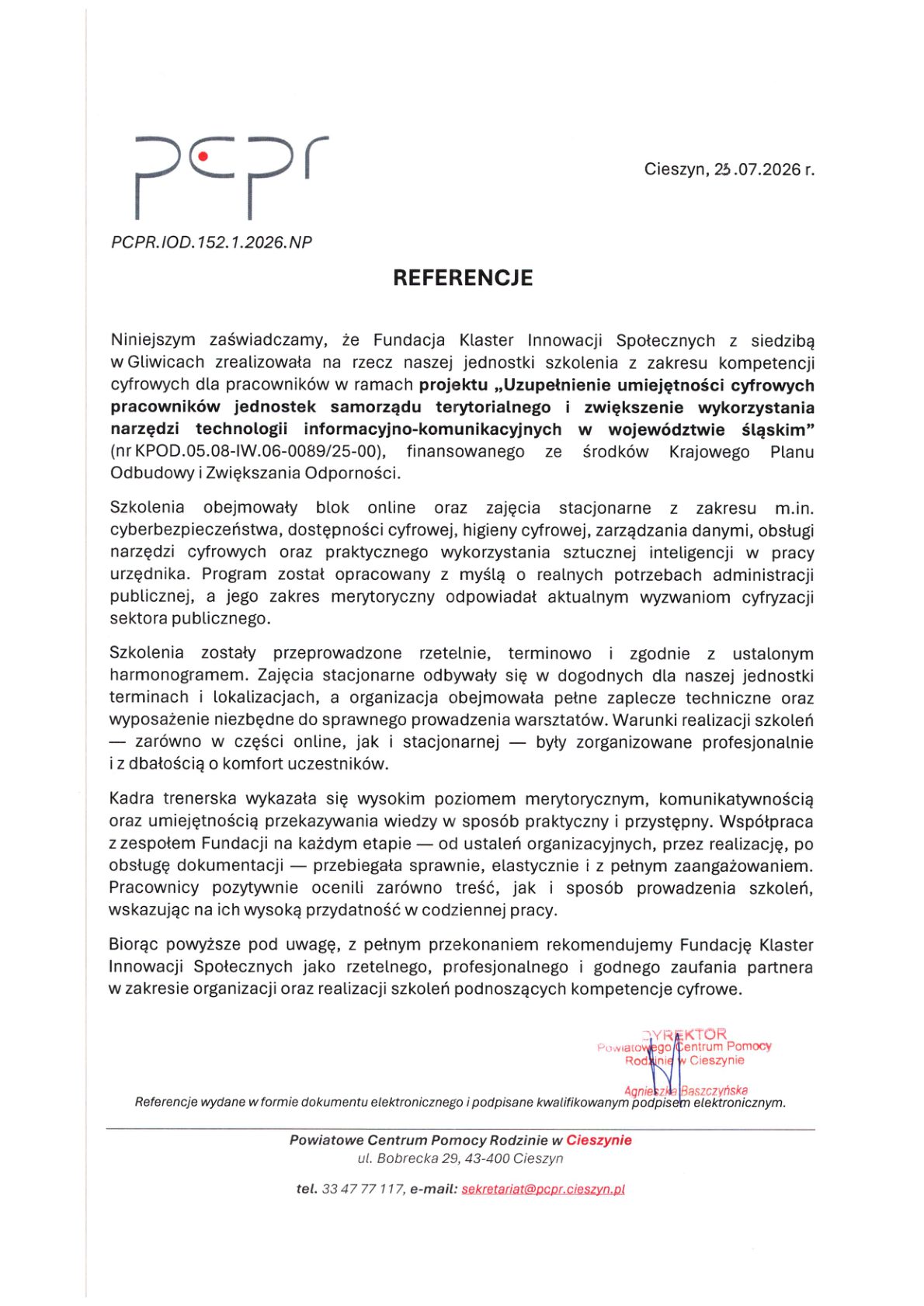 Referencja - Powiatowe Centrum Pomocy Rodzinie w Cieszynie