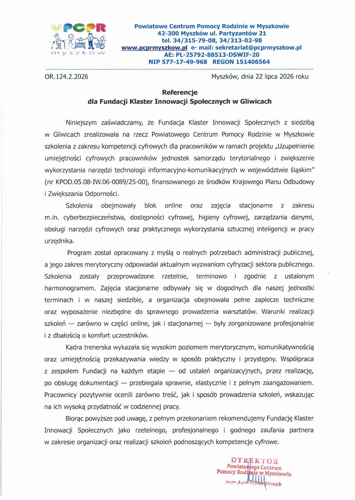Referencja - Powiatowe Centrum Pomocy Rodzinie w Myszkowie