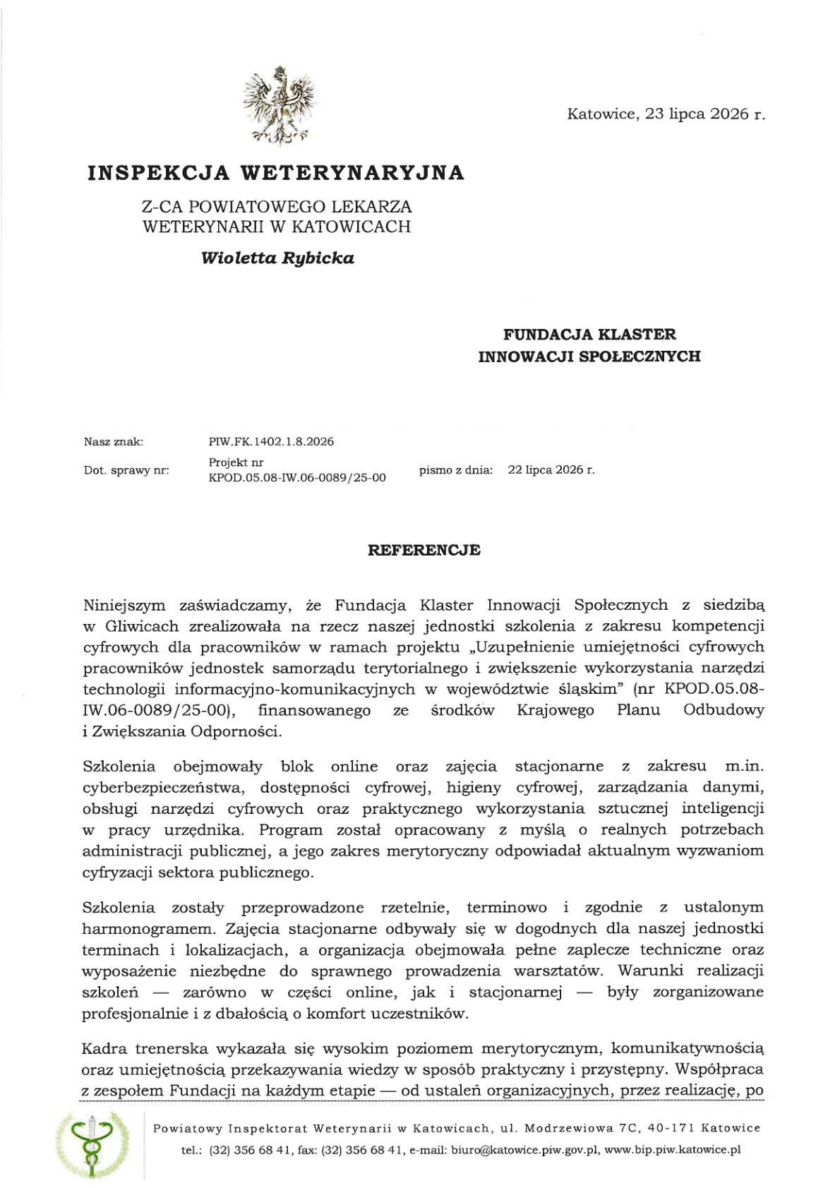 Referencja - Powiatowy Inspektorat Weterynarii w Katowicach