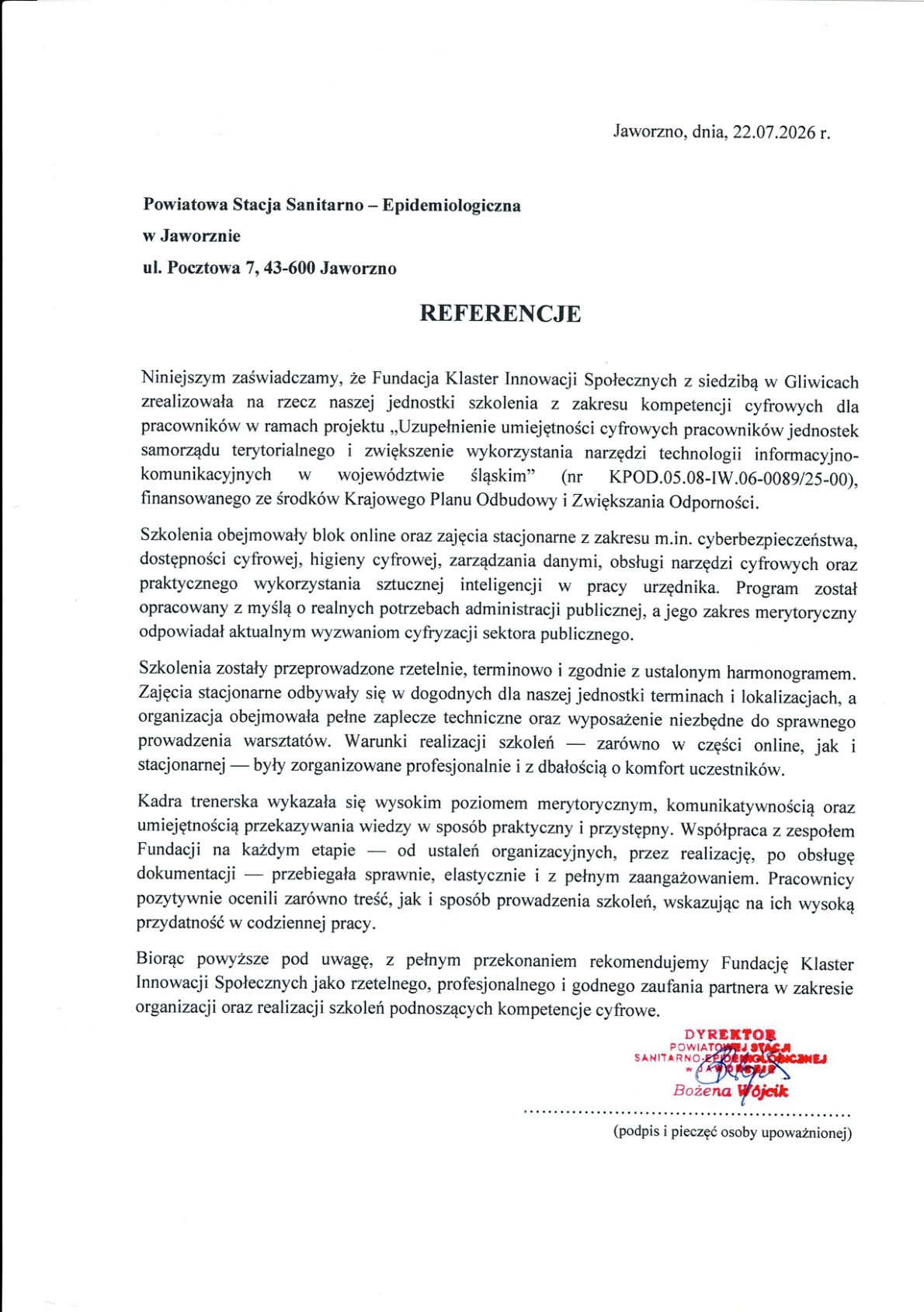 Referencja - Powiatowa Stacja Sanitarno-Epidemiologiczna w Jaworznie