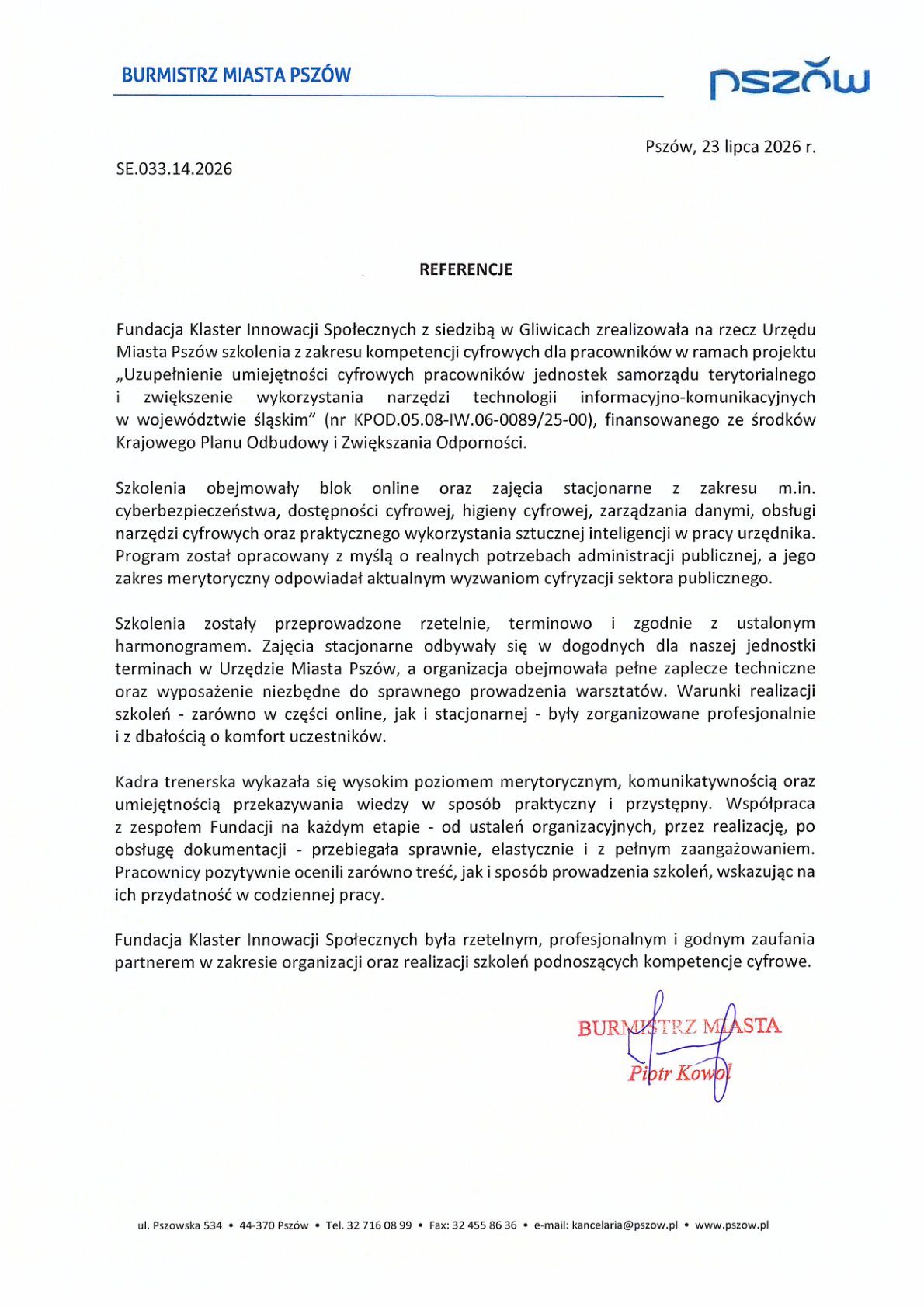Referencja - Urząd Miasta Pszów